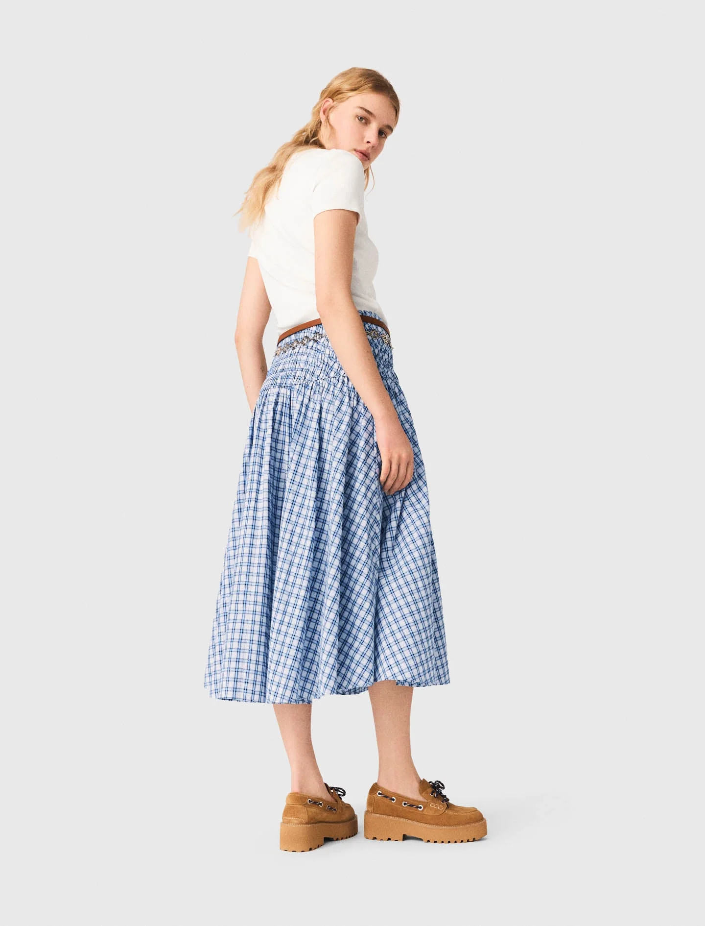 Rhinestone Cotton Maxi Skirt Blue Check Print - Image 3