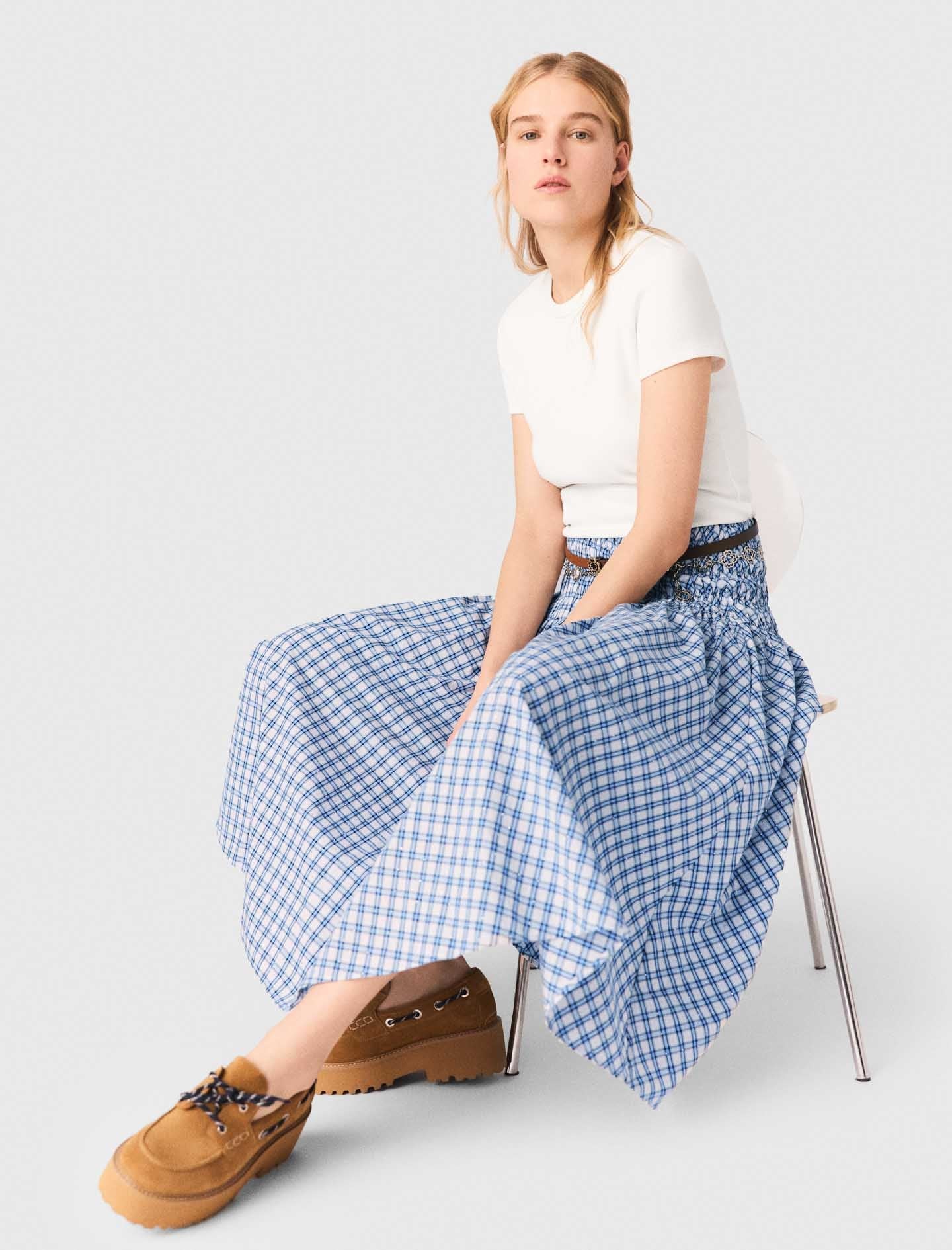Rhinestone Cotton Maxi Skirt Blue Check Print - Image 4