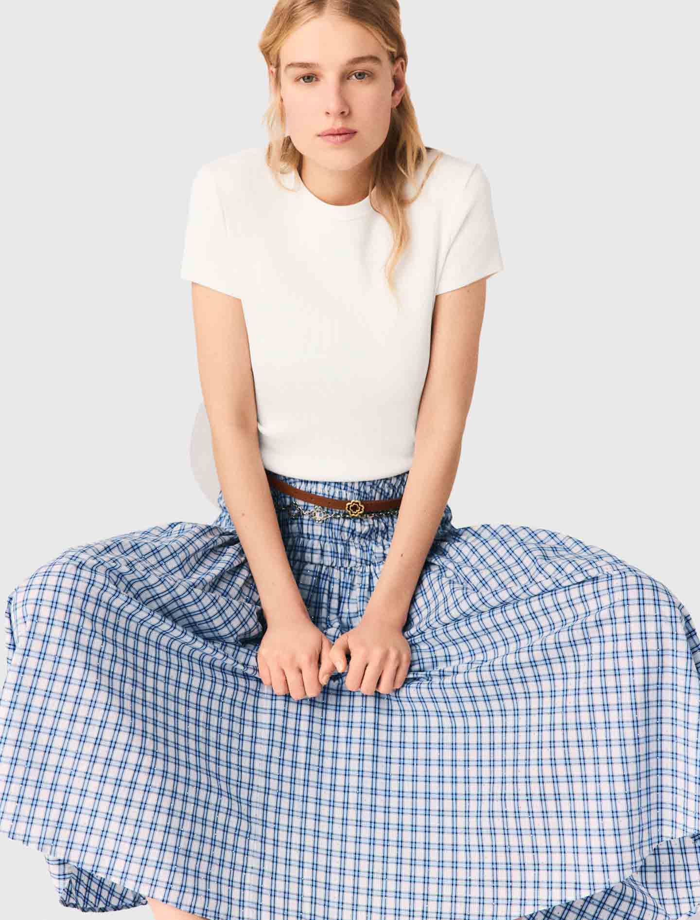 Rhinestone Cotton Maxi Skirt Blue Check Print - Image 5