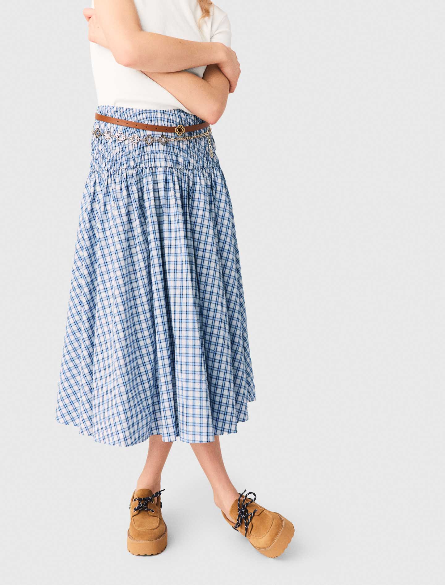 Rhinestone Cotton Maxi Skirt Blue Check Print - Image 6