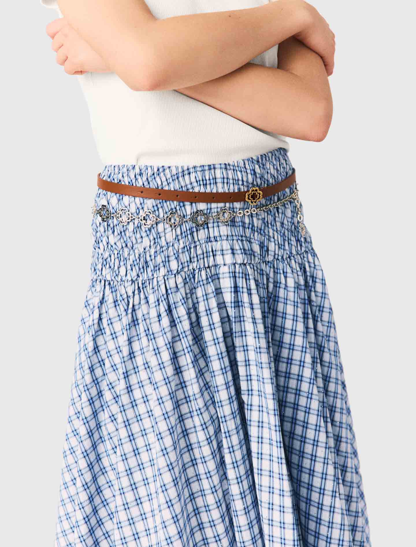 Rhinestone Cotton Maxi Skirt Blue Check Print - Image 7