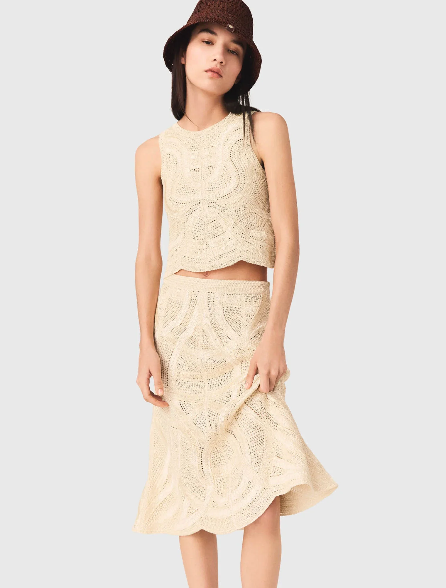 Long Crochet Skirt Beige - Image 4