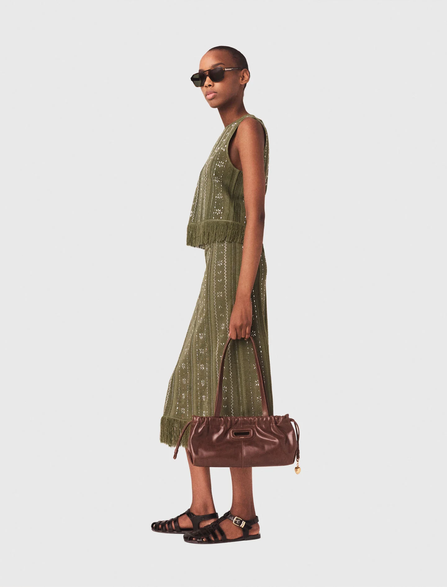 Knit Skirt With Rhinestone Flowers Khaki - Image 2
