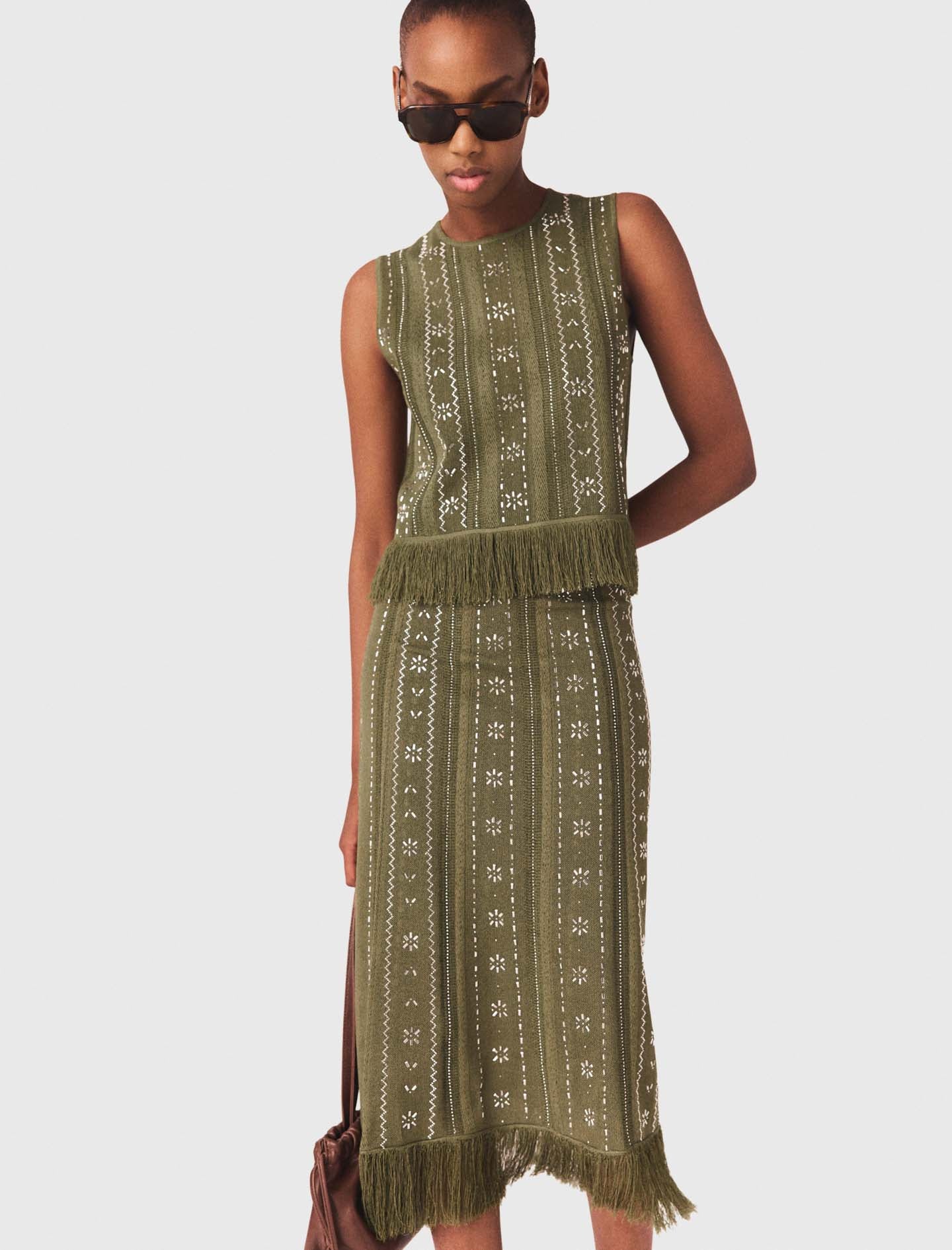 Knit Skirt With Rhinestone Flowers Khaki - Image 4
