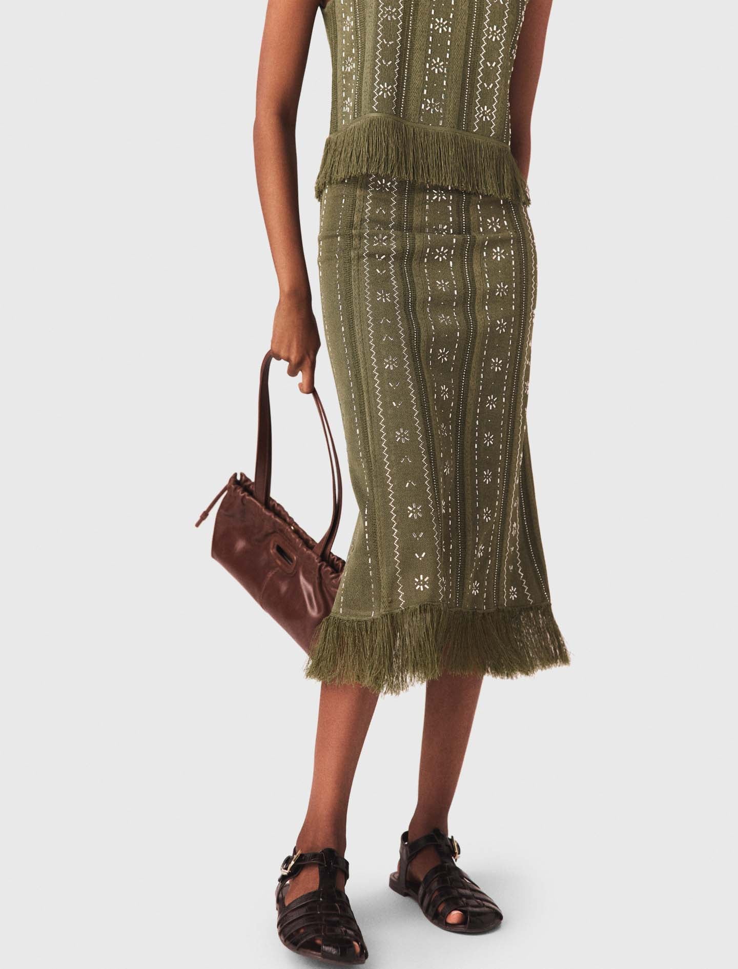 Knit Skirt With Rhinestone Flowers Khaki - Image 5