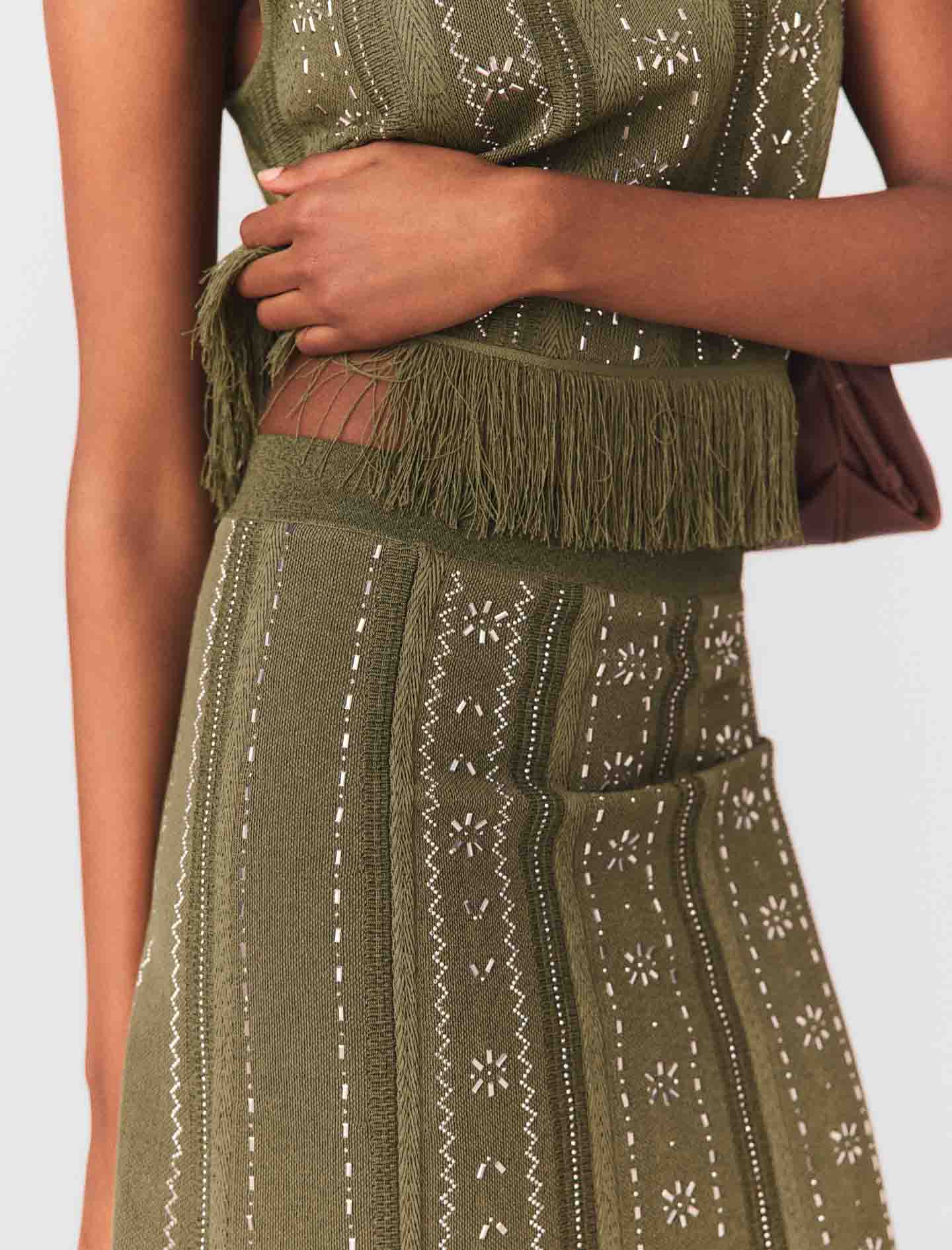 Knit Skirt With Rhinestone Flowers Khaki - Image 6