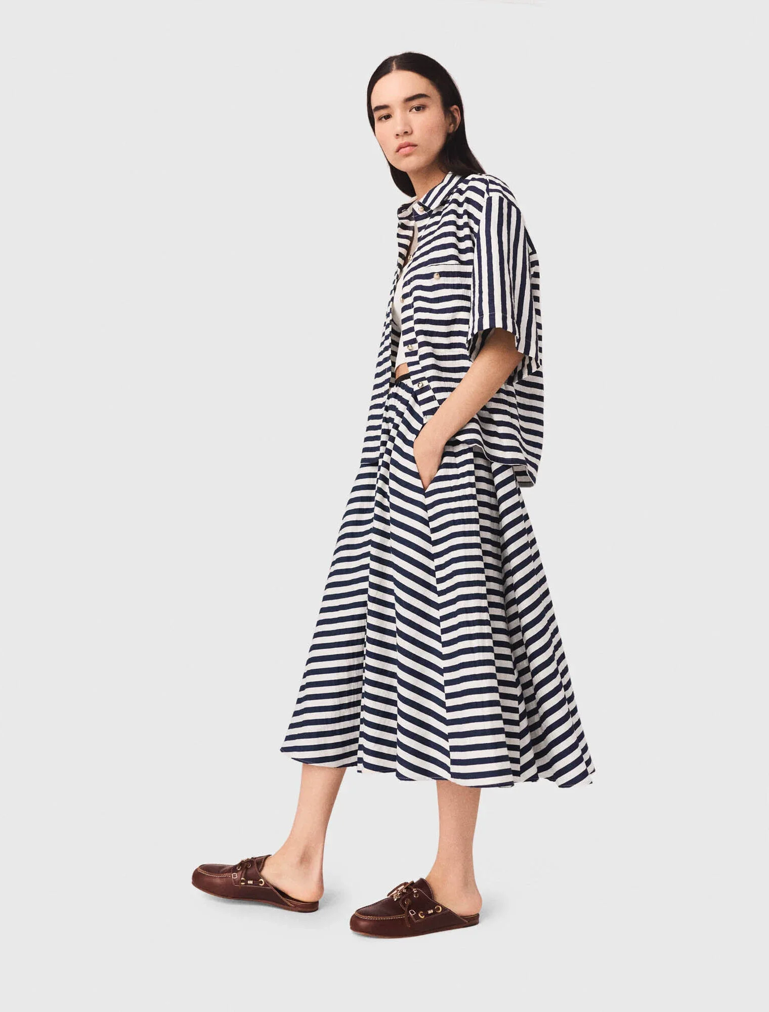 Linen-Blend Midi Skirt White/Blue - Image 2