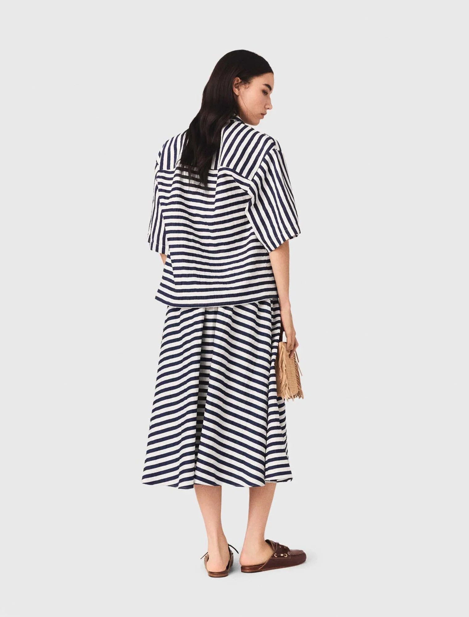 Linen-Blend Midi Skirt White/Blue - Image 3