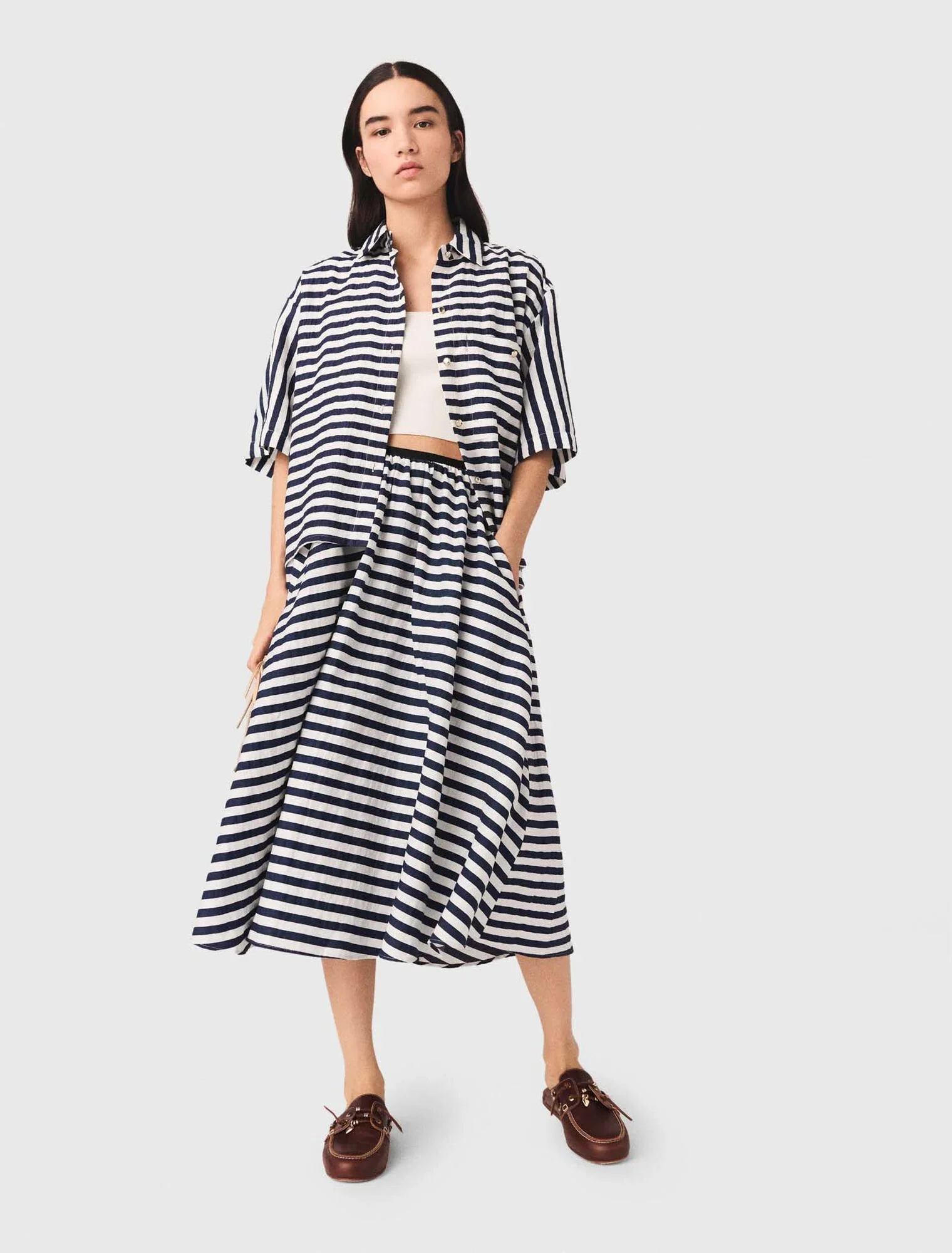 Linen-Blend Midi Skirt White/Blue - Image 4