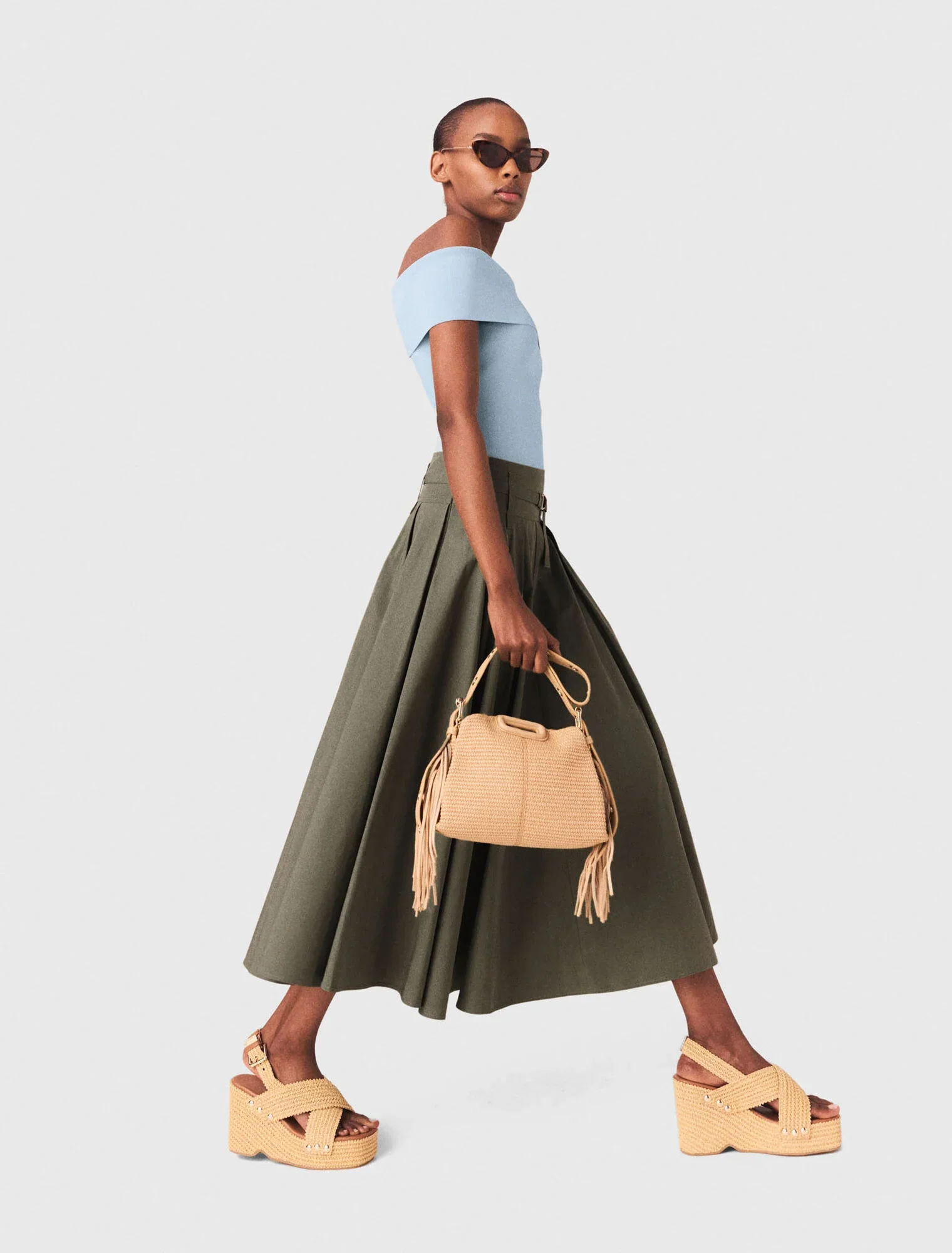 Cotton Pleated Maxi Skirt Khaki - Image 2