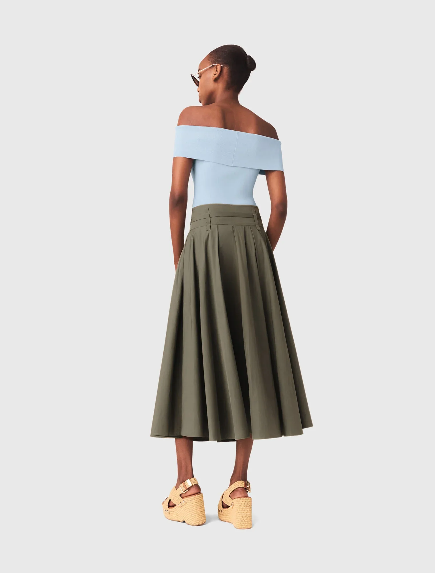 Cotton Pleated Maxi Skirt Khaki - Image 3
