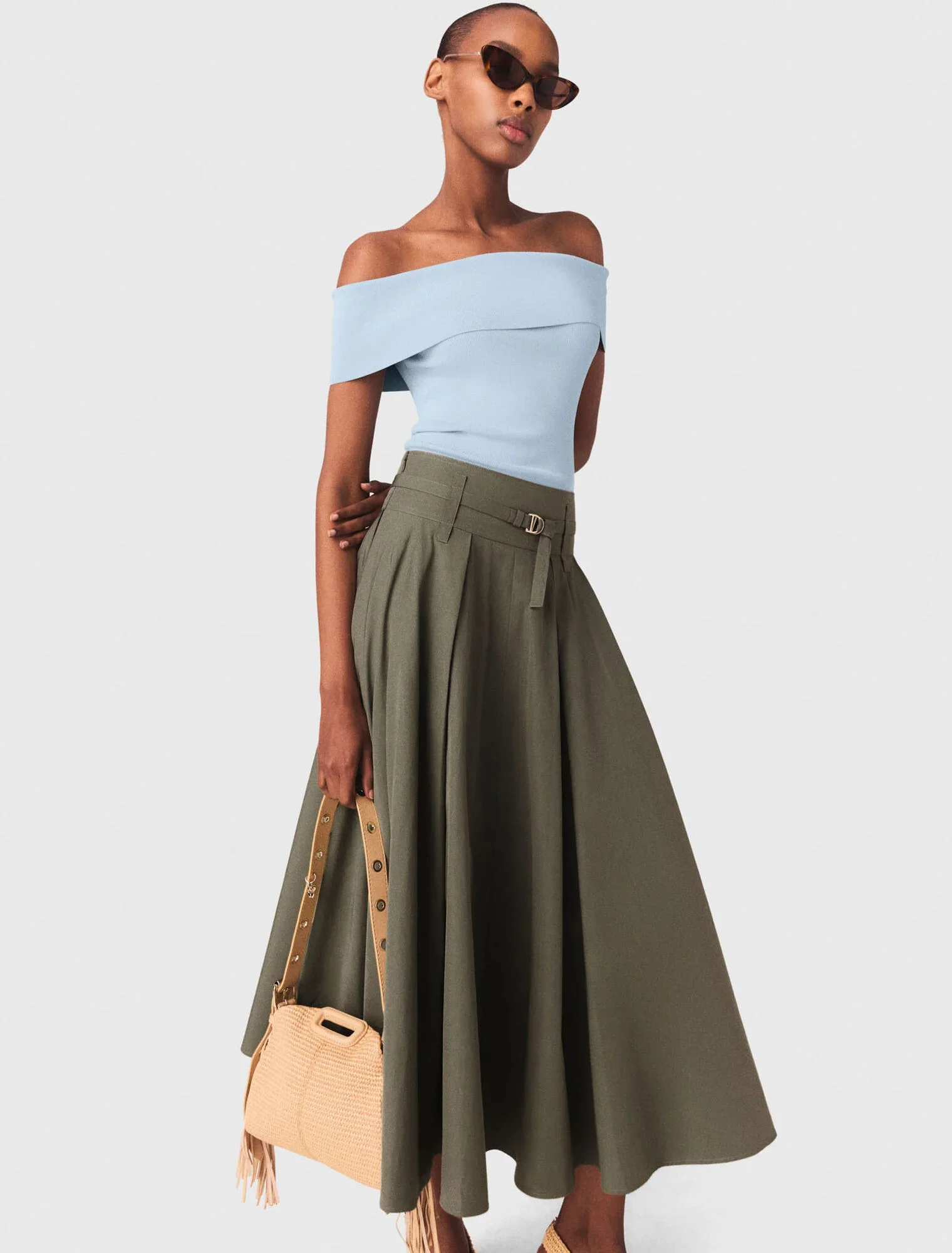 Cotton Pleated Maxi Skirt Khaki - Image 4