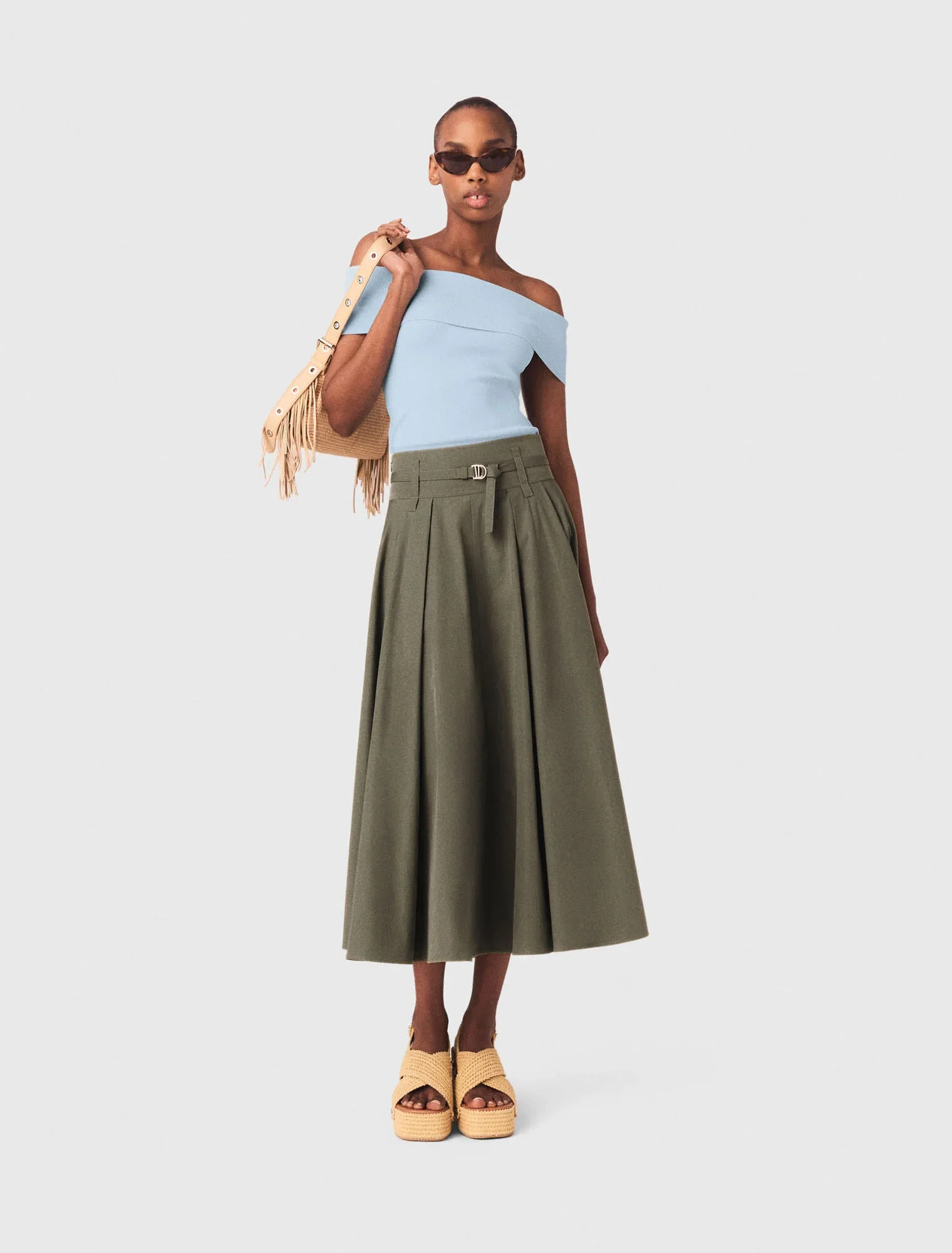 Cotton Pleated Maxi Skirt Khaki - Image 5