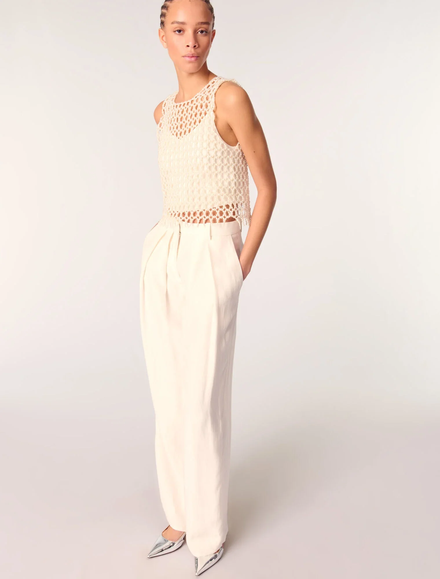 Wide-leg suit trousers Ecru - Image 4