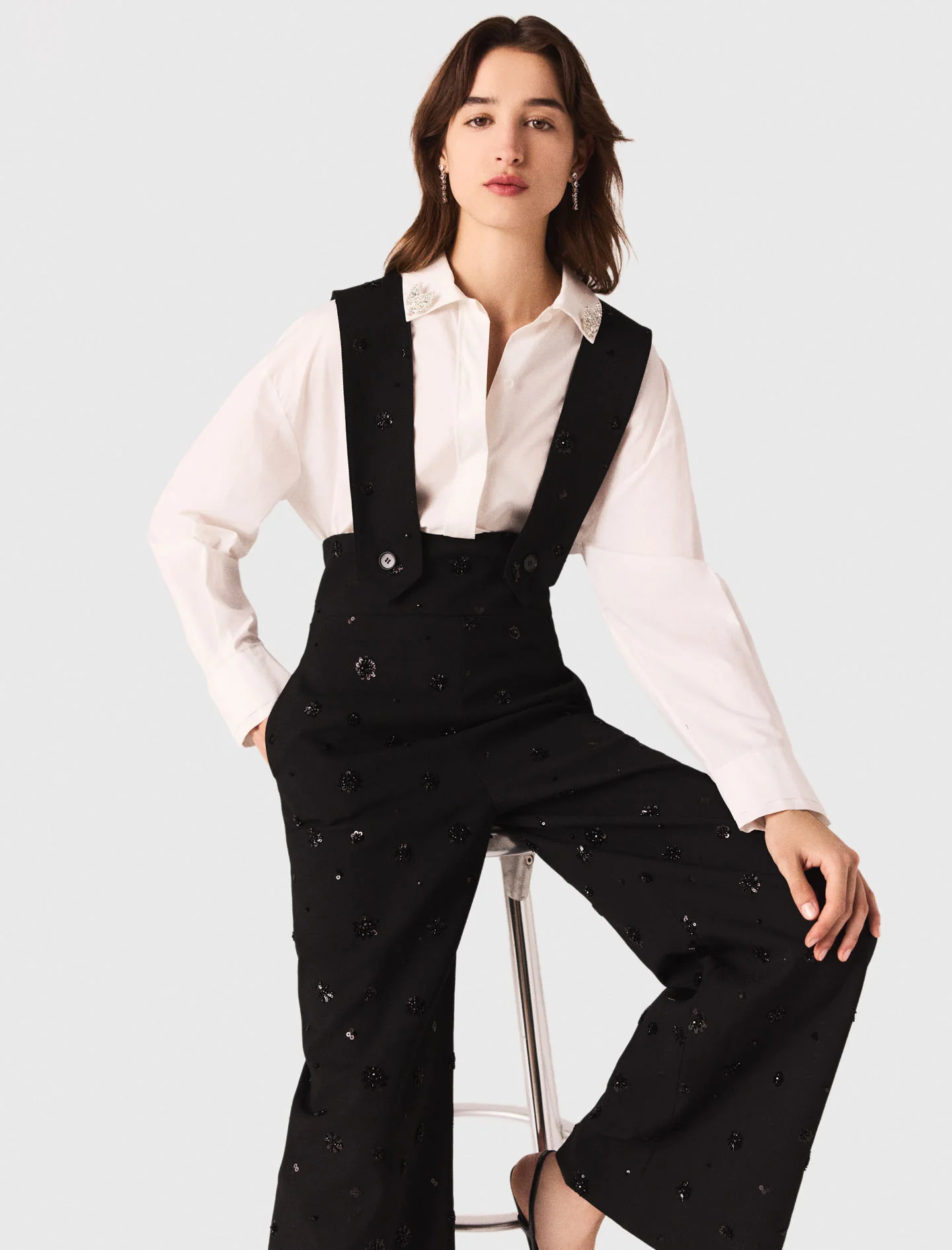Embroidered trousers with braces Black - Image 6