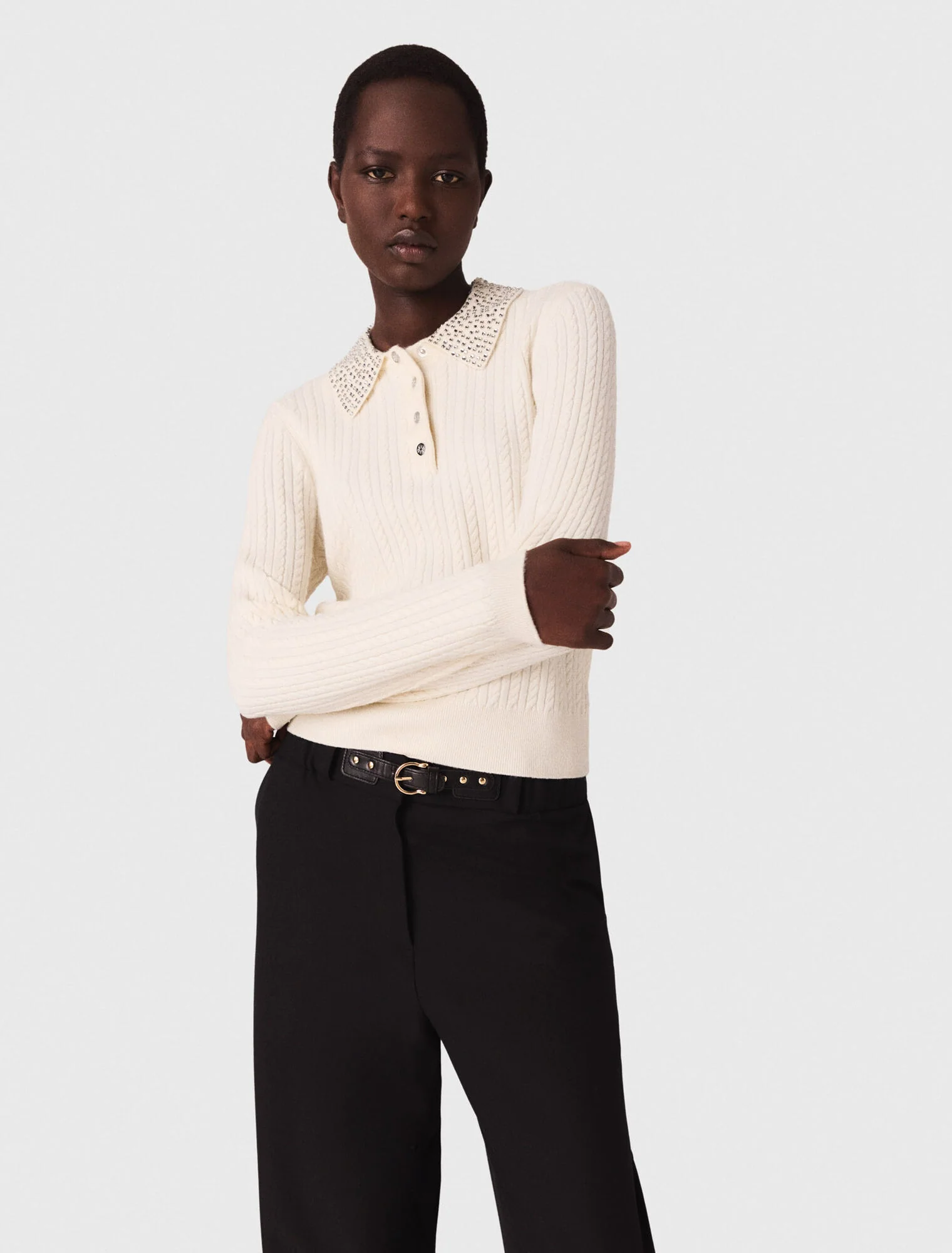Knit polo shirt with rhinestone collar Ecru - Image 4
