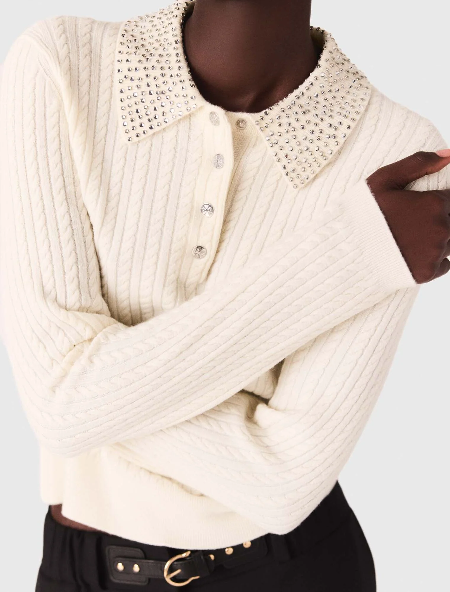 Knit polo shirt with rhinestone collar Ecru - Image 5