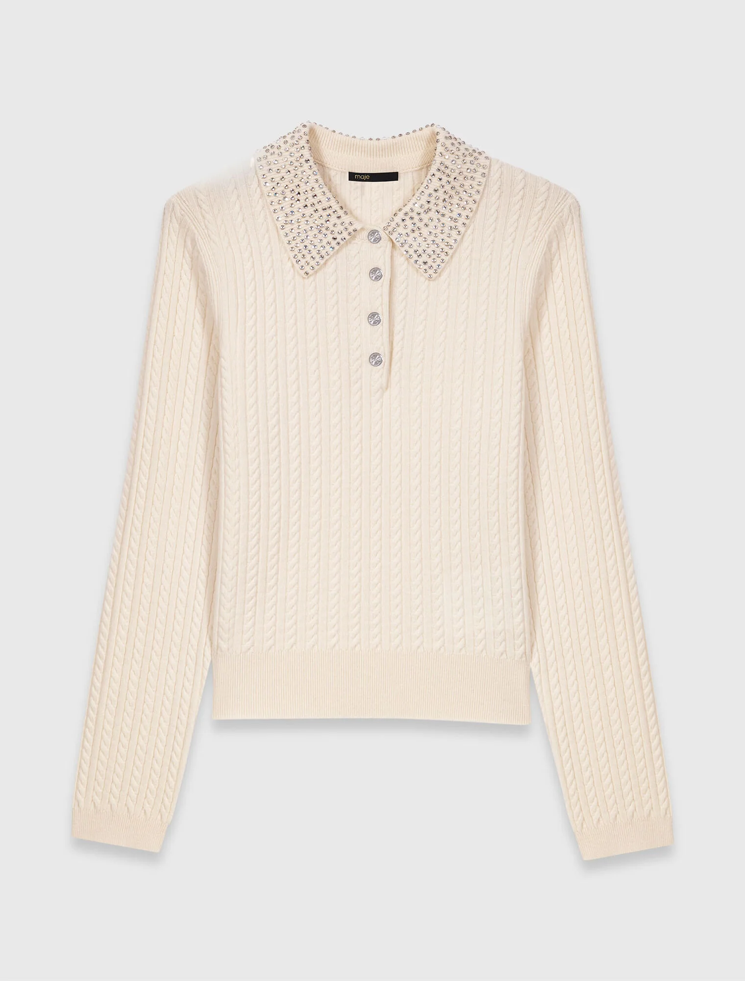 Knit polo shirt with rhinestone collar Ecru - Image 7