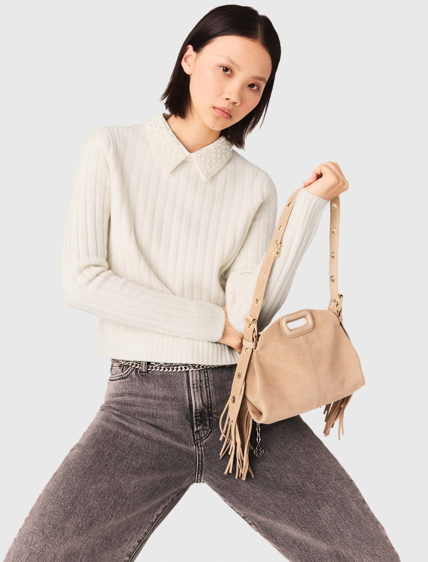 Pearl-Collar Ribbed Jumper Ecru - Image 4