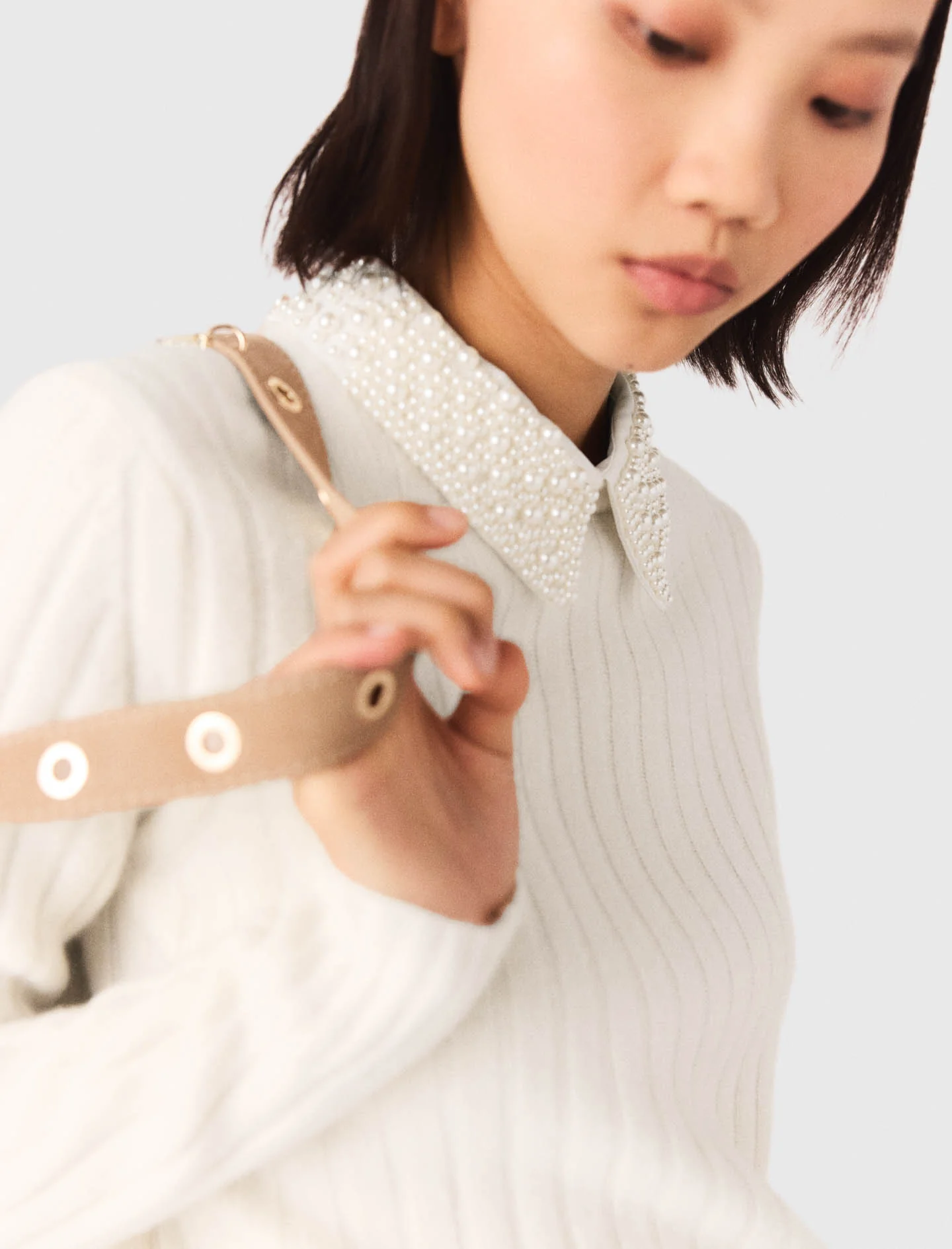 Pearl-Collar Ribbed Jumper Ecru - Image 5