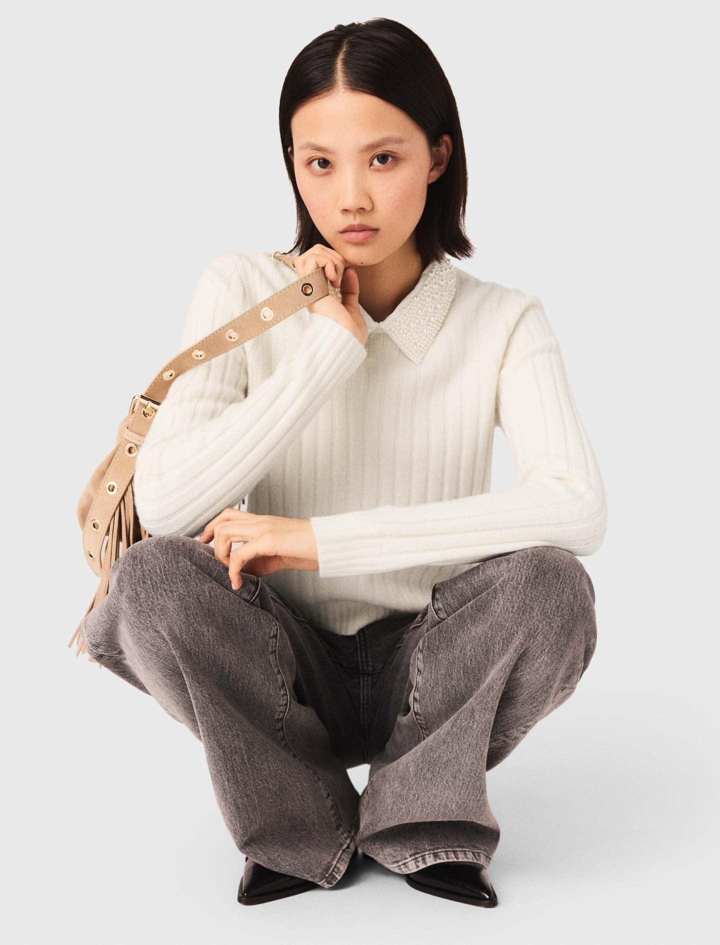 Pearl-Collar Ribbed Jumper Ecru - Image 6
