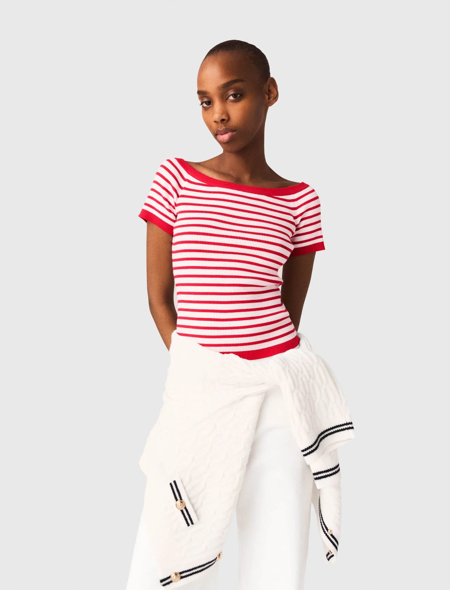 Striped Knit Top With Boat Neck Red - Image 4