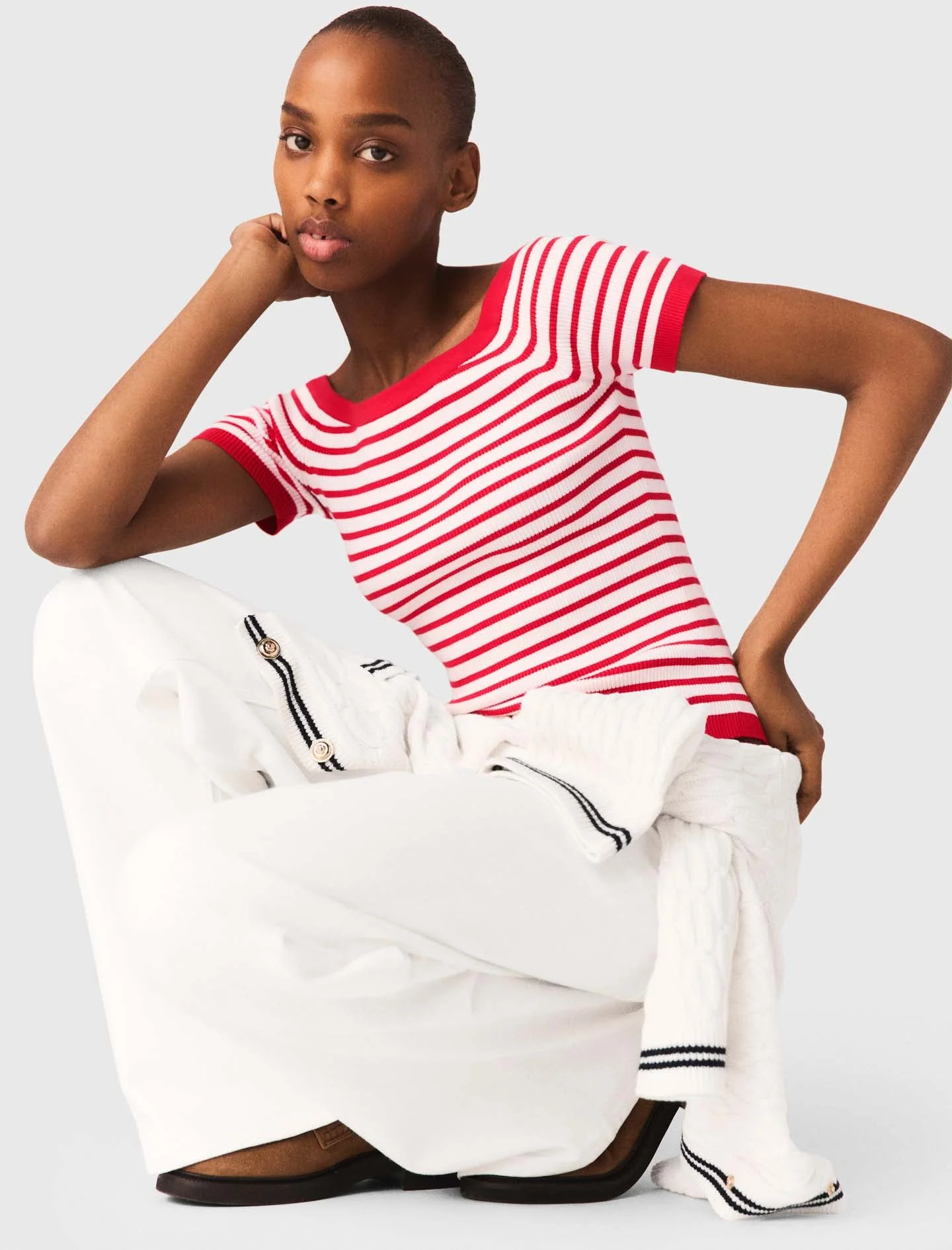 Striped Knit Top With Boat Neck Red - Image 5