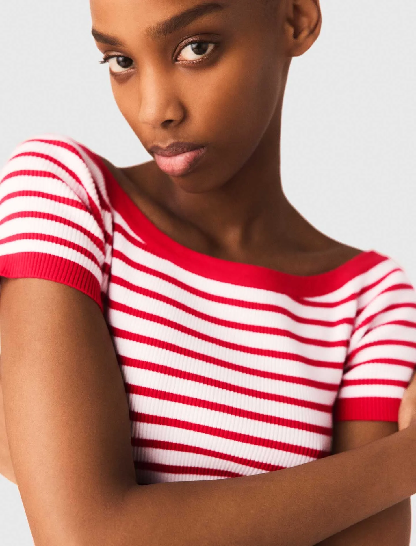 Striped Knit Top With Boat Neck Red - Image 6