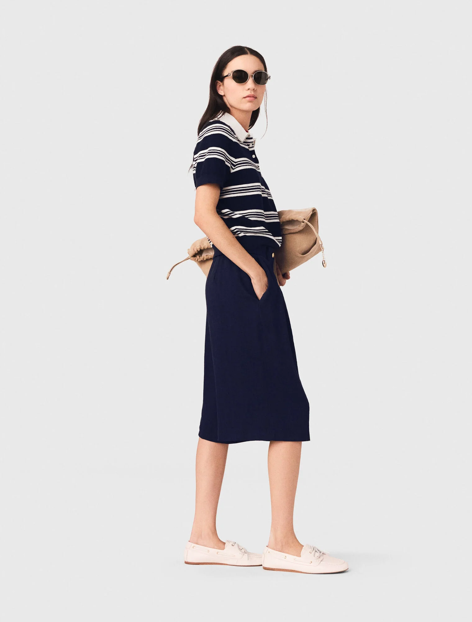 Striped Polo With Rhinestone Collar Ecru/Navy Blue - Image 2