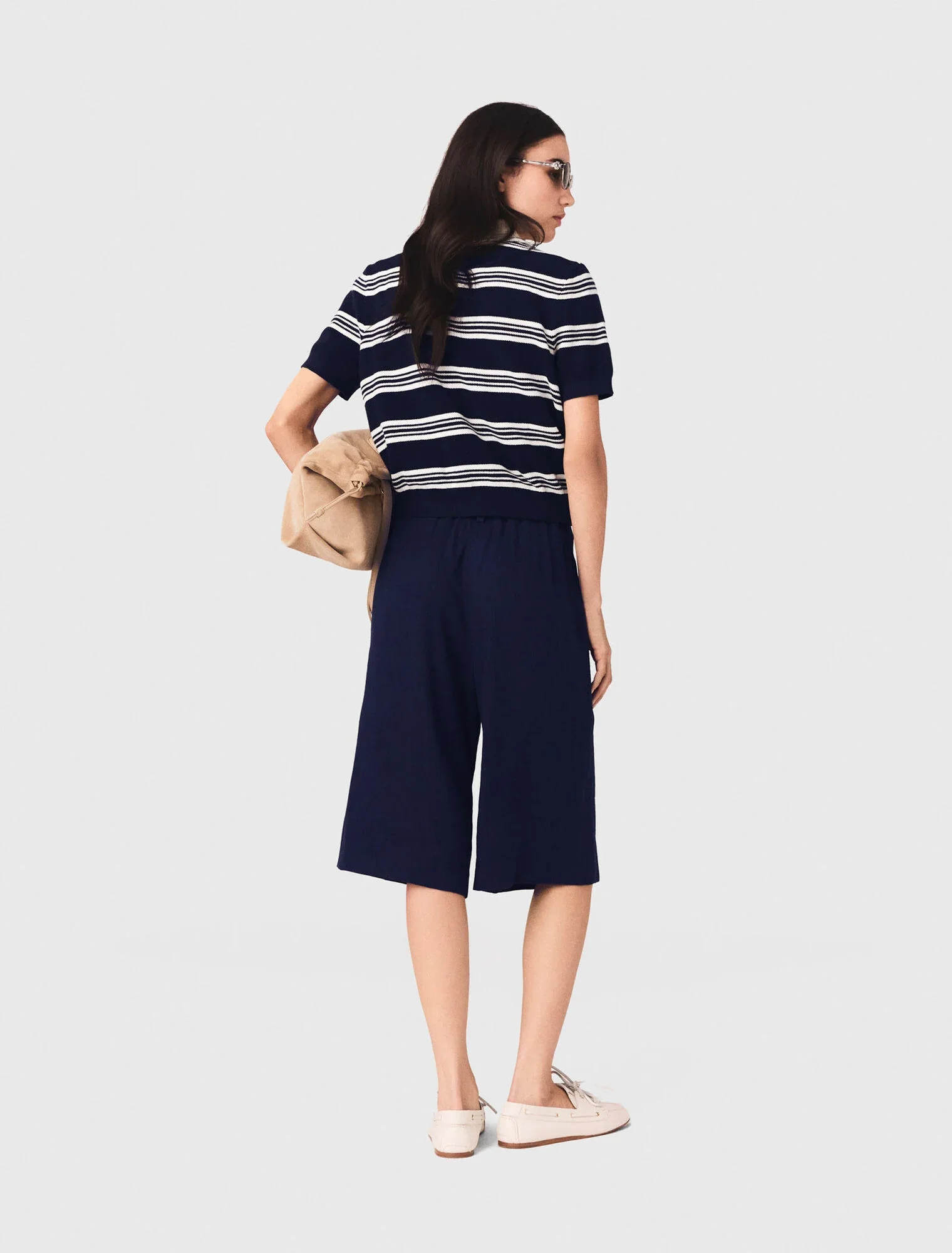 Striped Polo With Rhinestone Collar Ecru/Navy Blue - Image 3