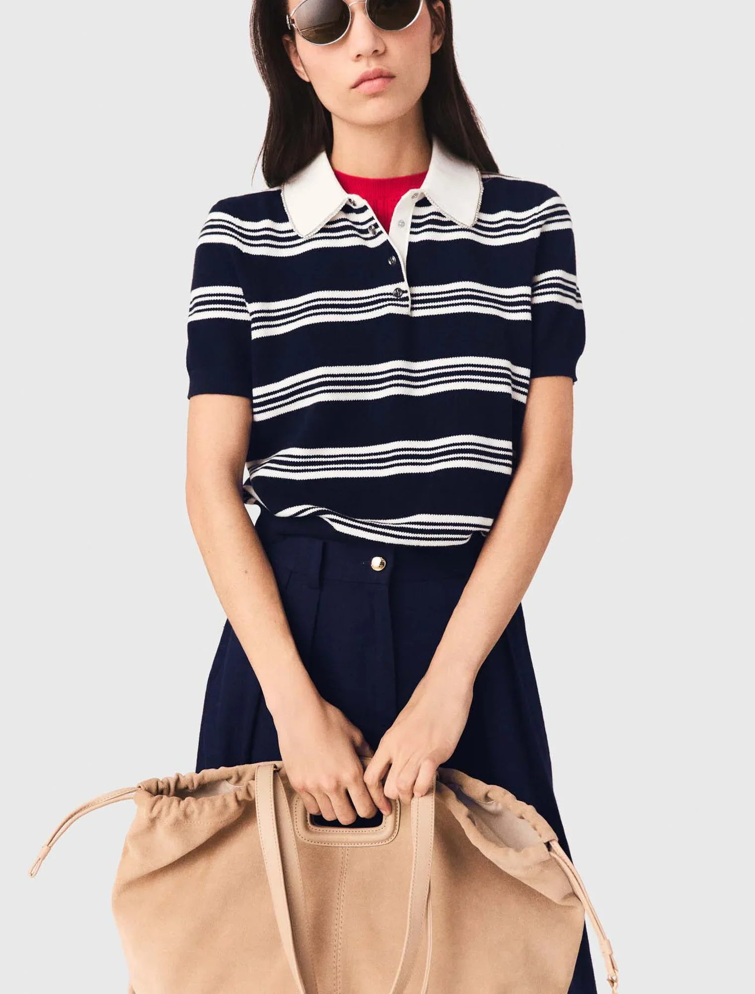 Striped Polo With Rhinestone Collar Ecru/Navy Blue - Image 4