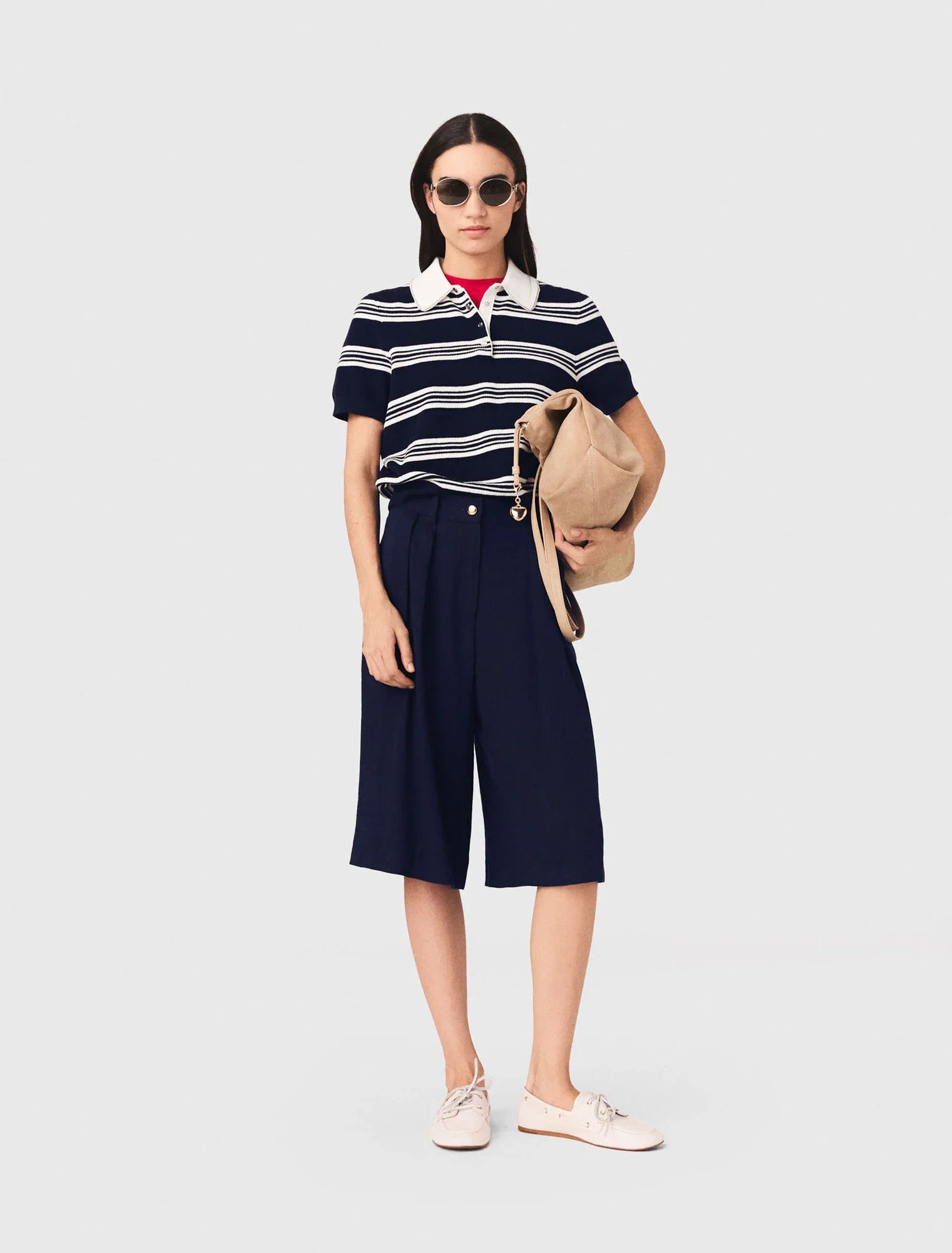 Striped Polo With Rhinestone Collar Ecru/Navy Blue - Image 5