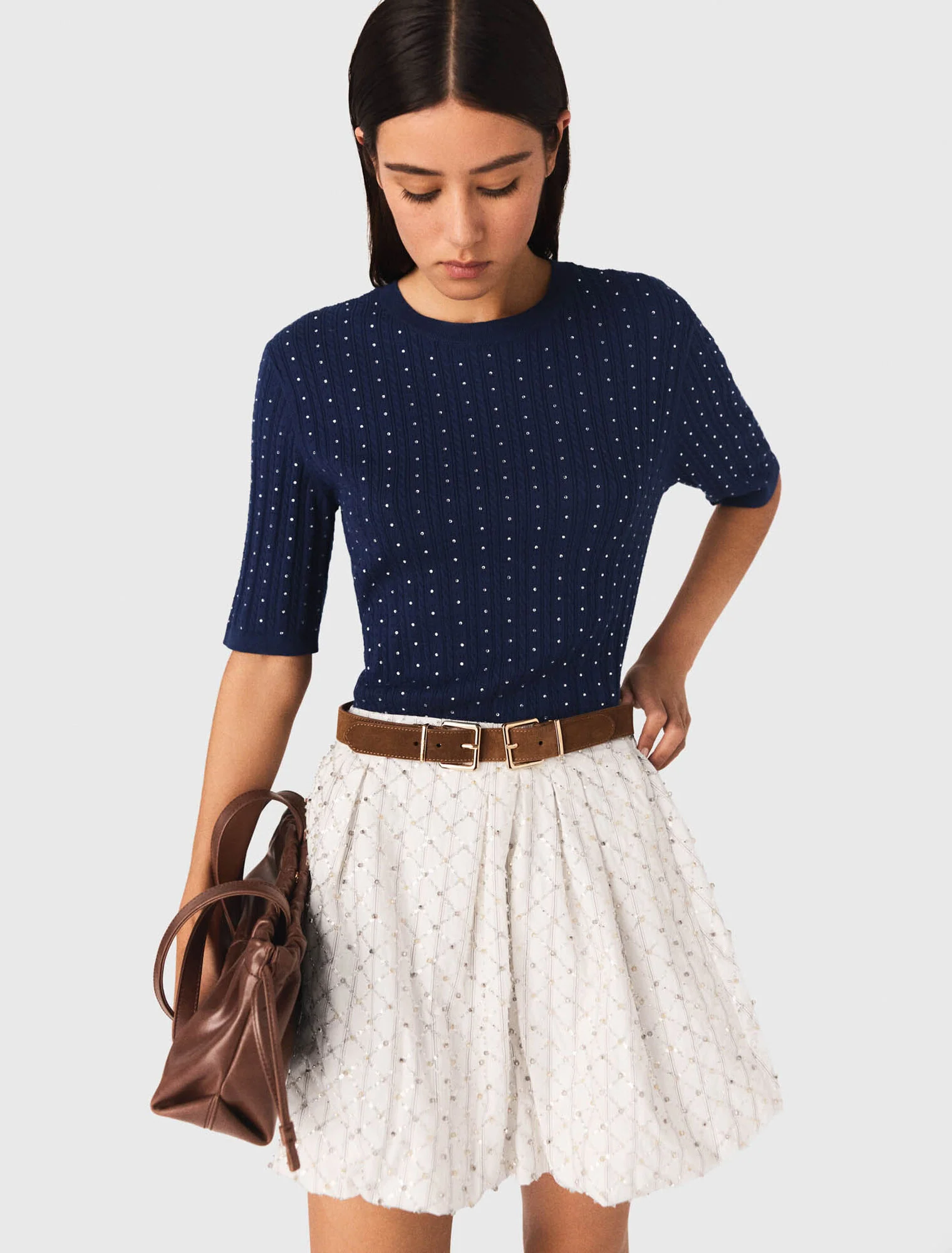 Round-Neck Rhinestone Jumper Navy - Image 4