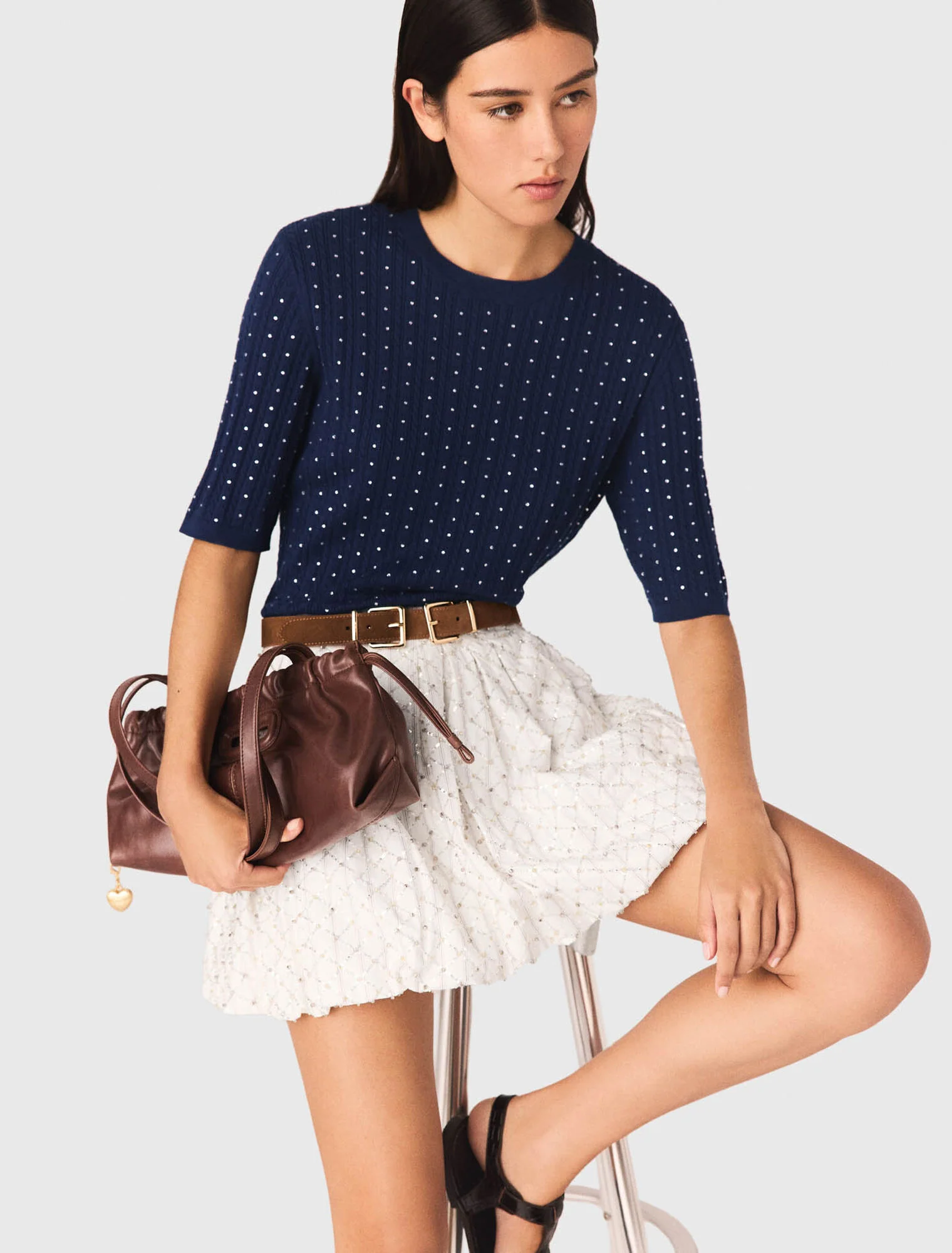 Round-Neck Rhinestone Jumper Navy - Image 5