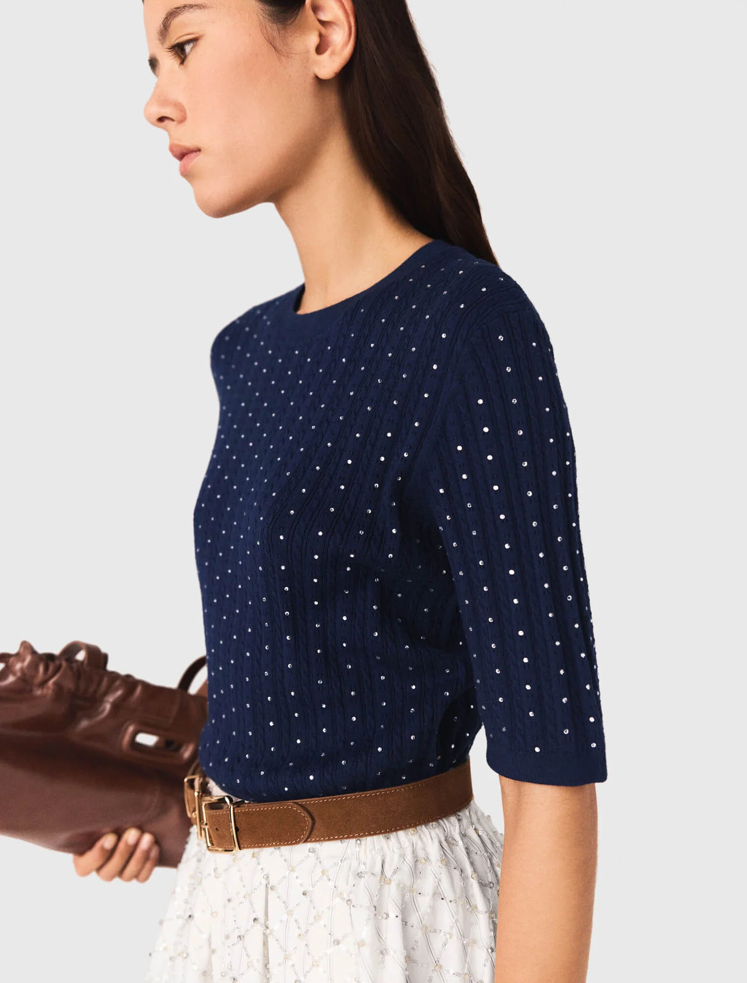 Round-Neck Rhinestone Jumper Navy - Image 6