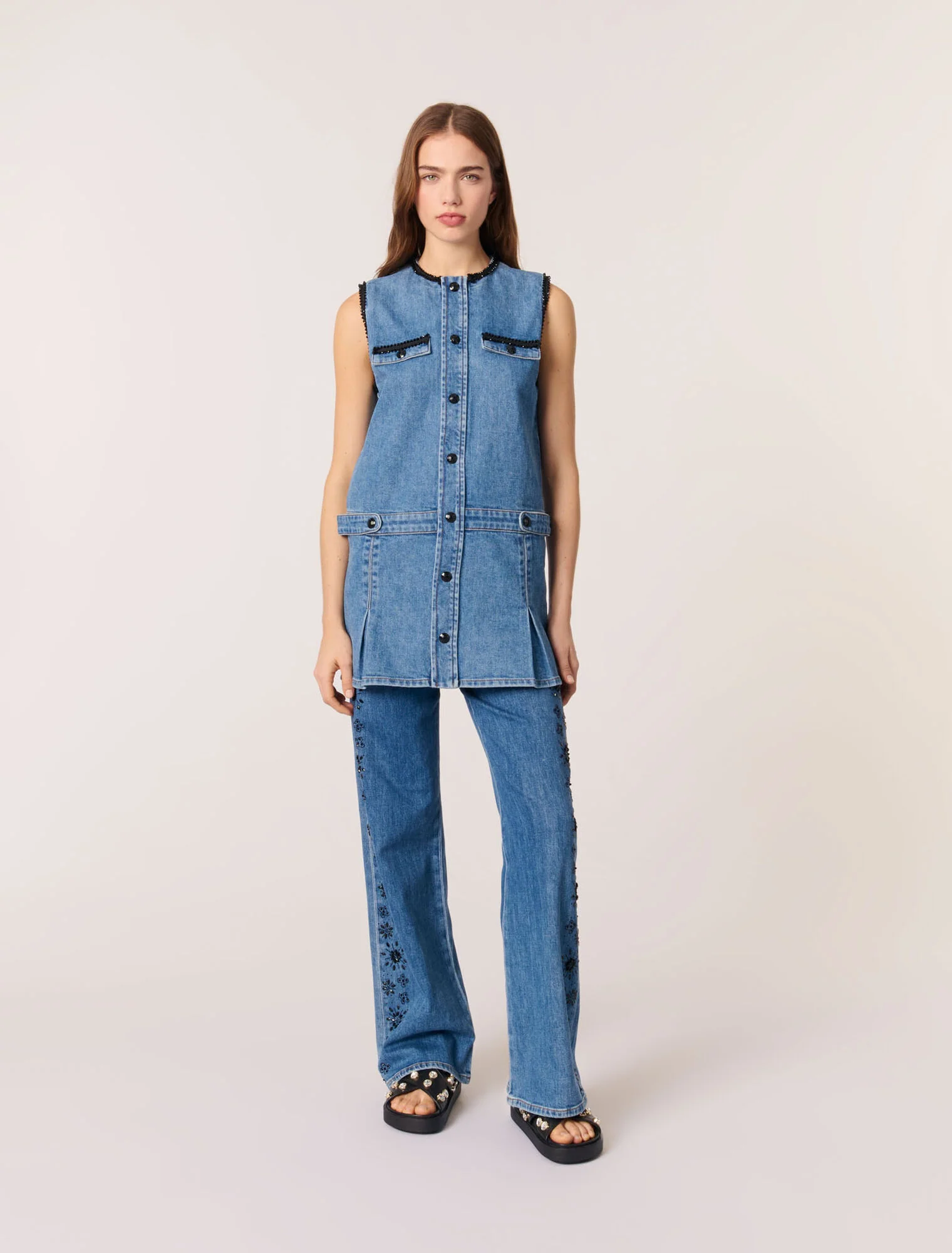 Denim dress with embroidered trim Blue - Image 4