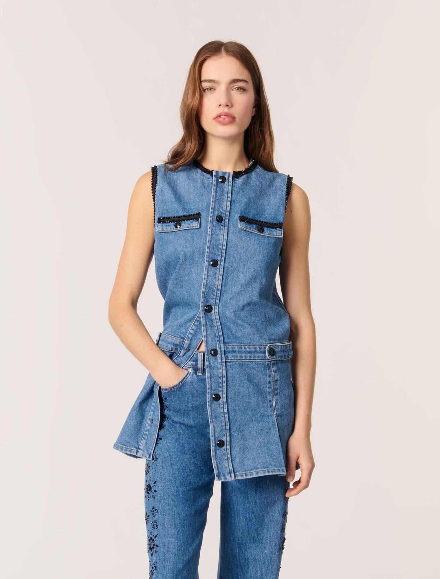 Denim dress with embroidered trim Blue - Image 5