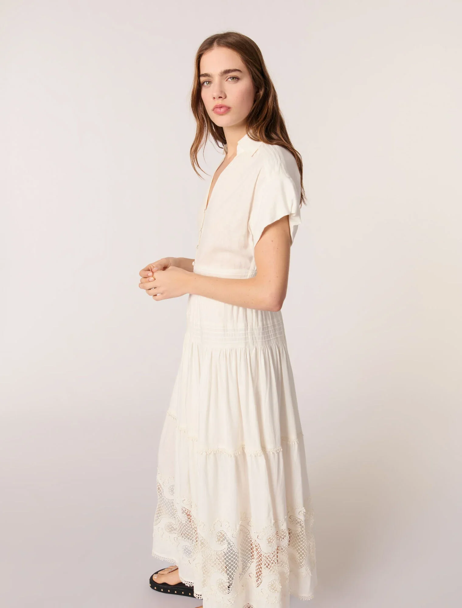 Embroidered ruffled maxi dress Ecru - Image 4