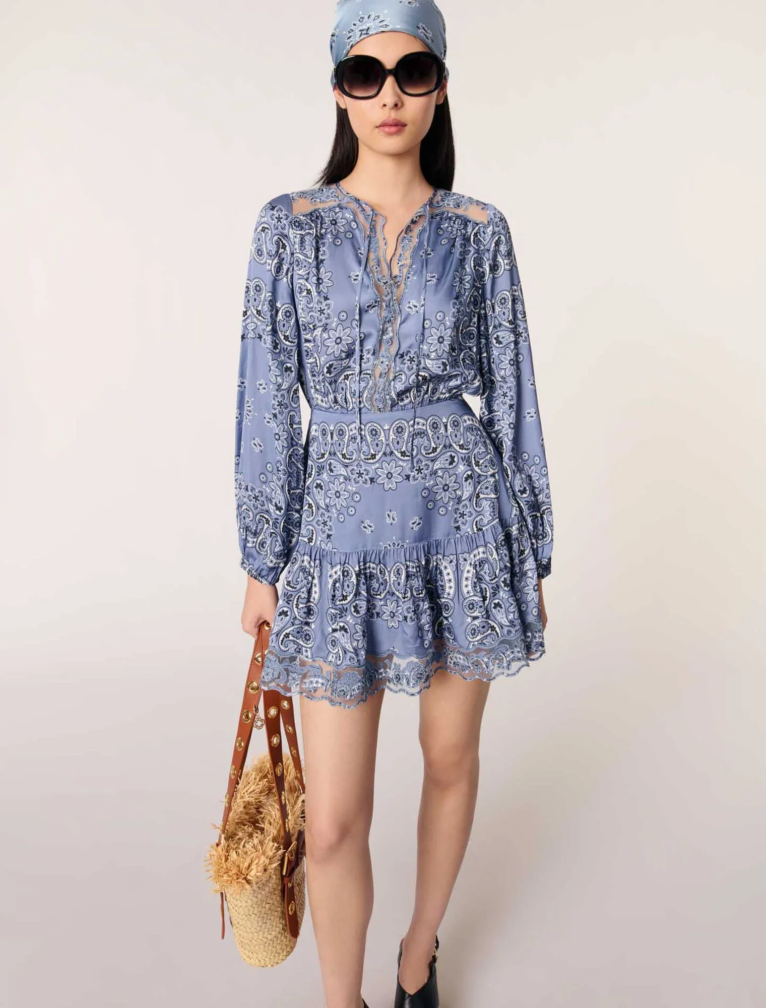 Short patterned floaty dress Blue Bandana Print - Image 4
