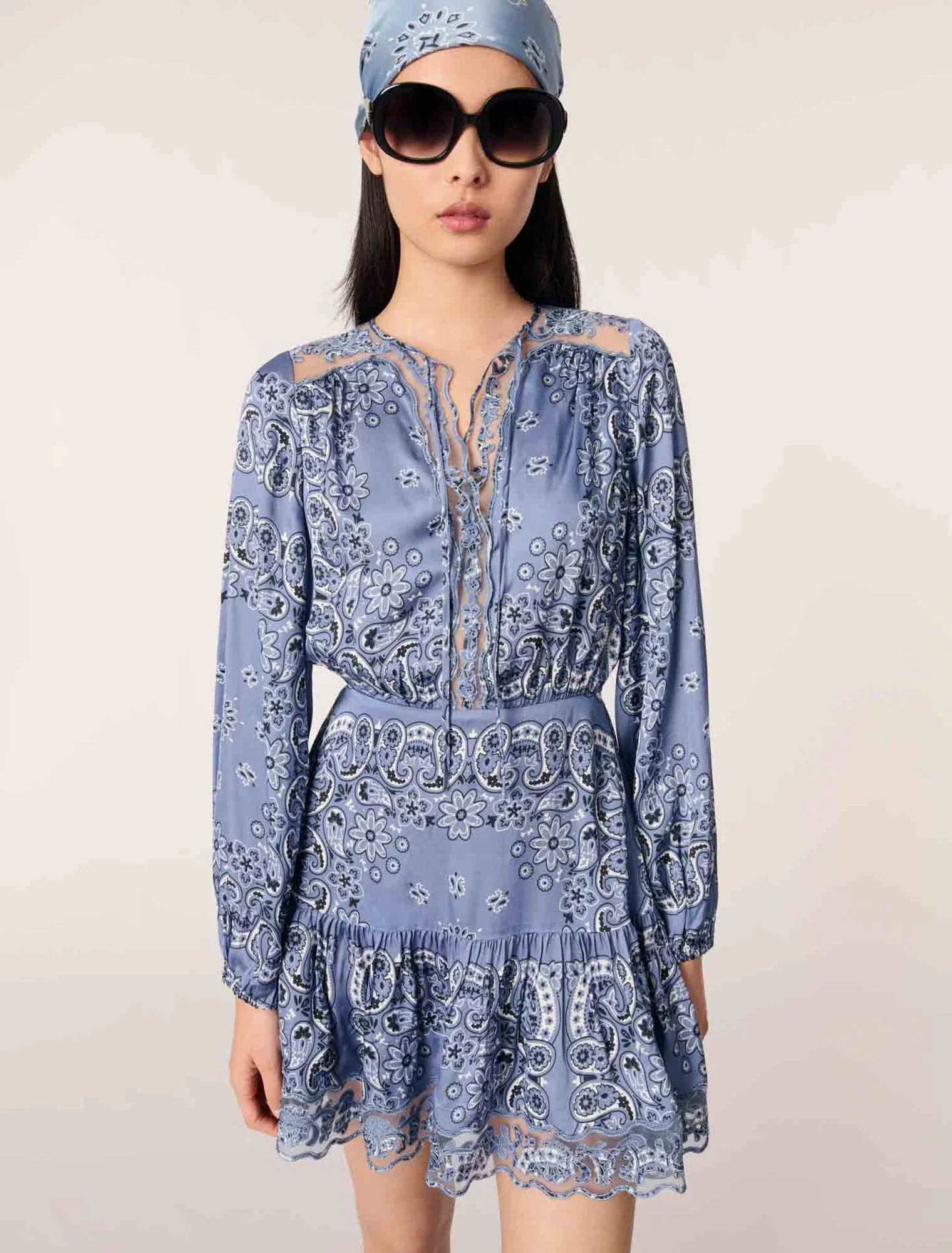 Short patterned floaty dress Blue Bandana Print - Image 5