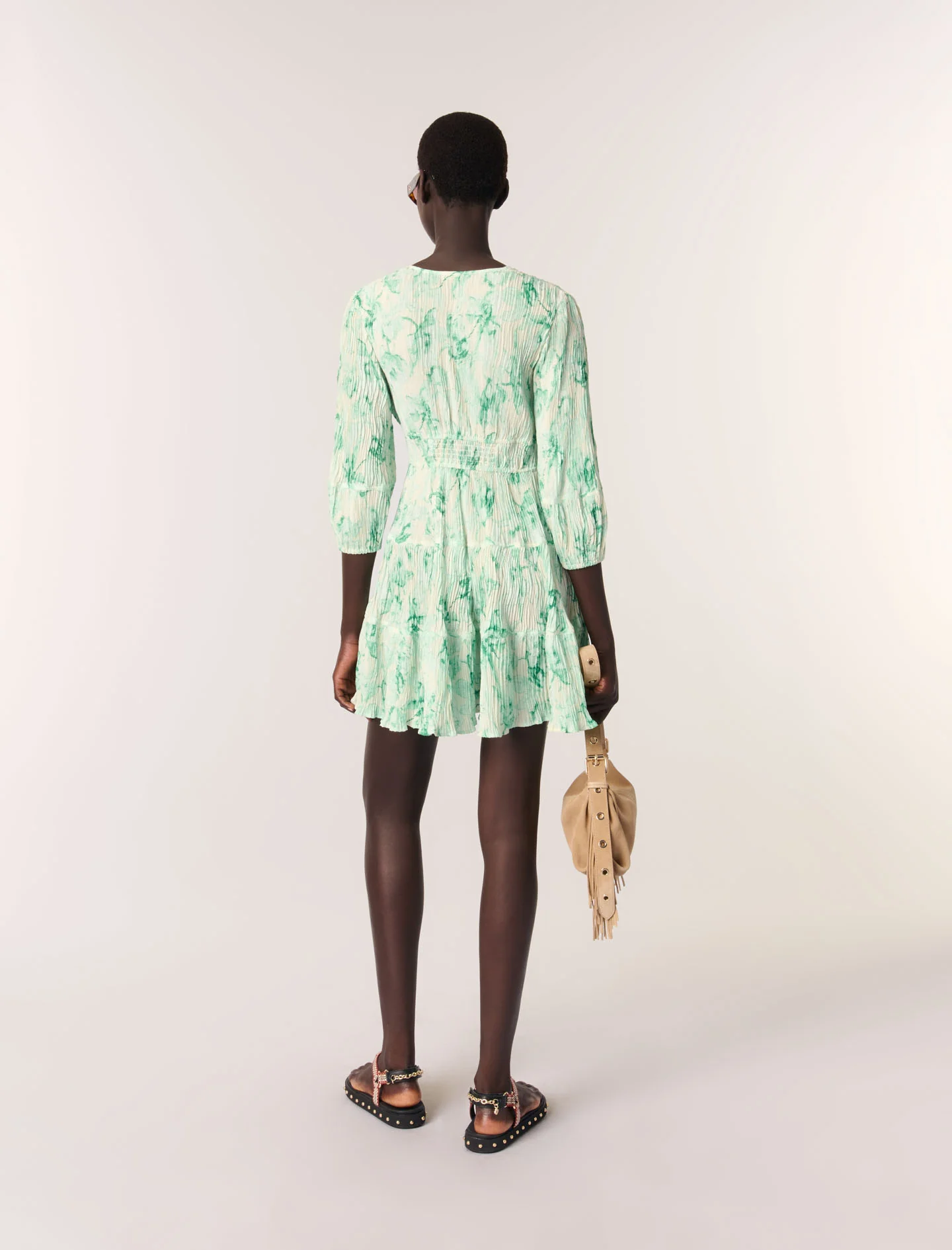Patterned pleated short dress Green Floral Print Ecru Base - Image 3