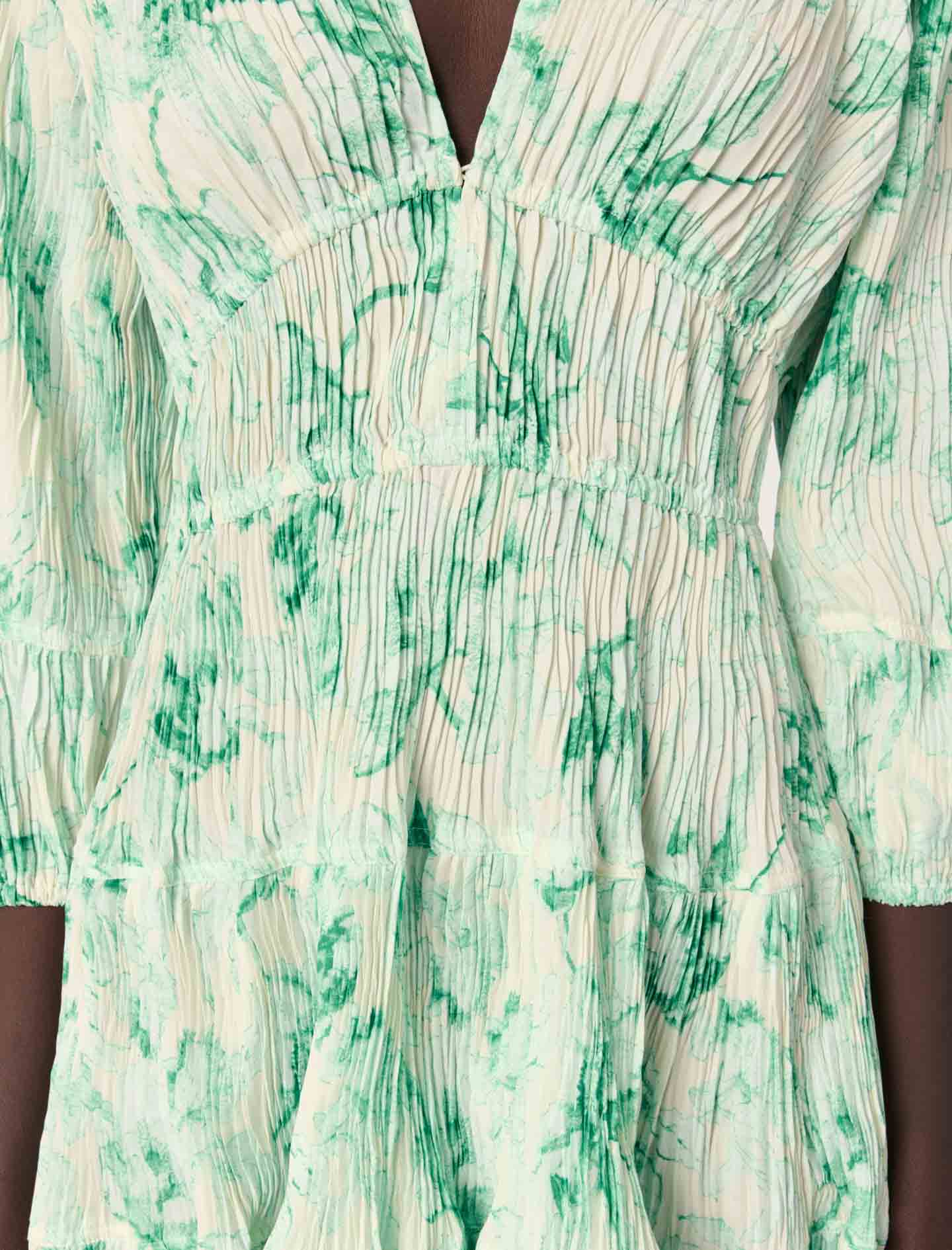 Patterned pleated short dress Green Floral Print Ecru Base - Image 5