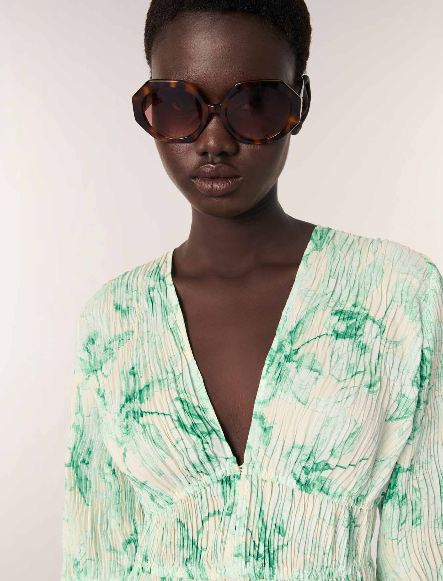Patterned pleated short dress Green Floral Print Ecru Base - Image 6