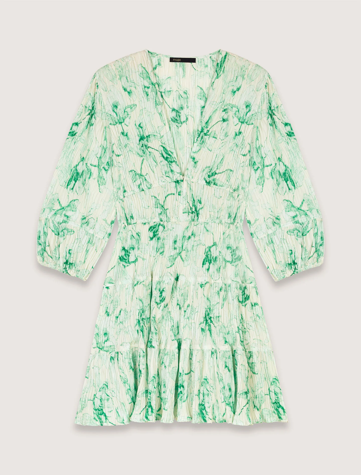 Patterned pleated short dress Green Floral Print Ecru Base - Image 7