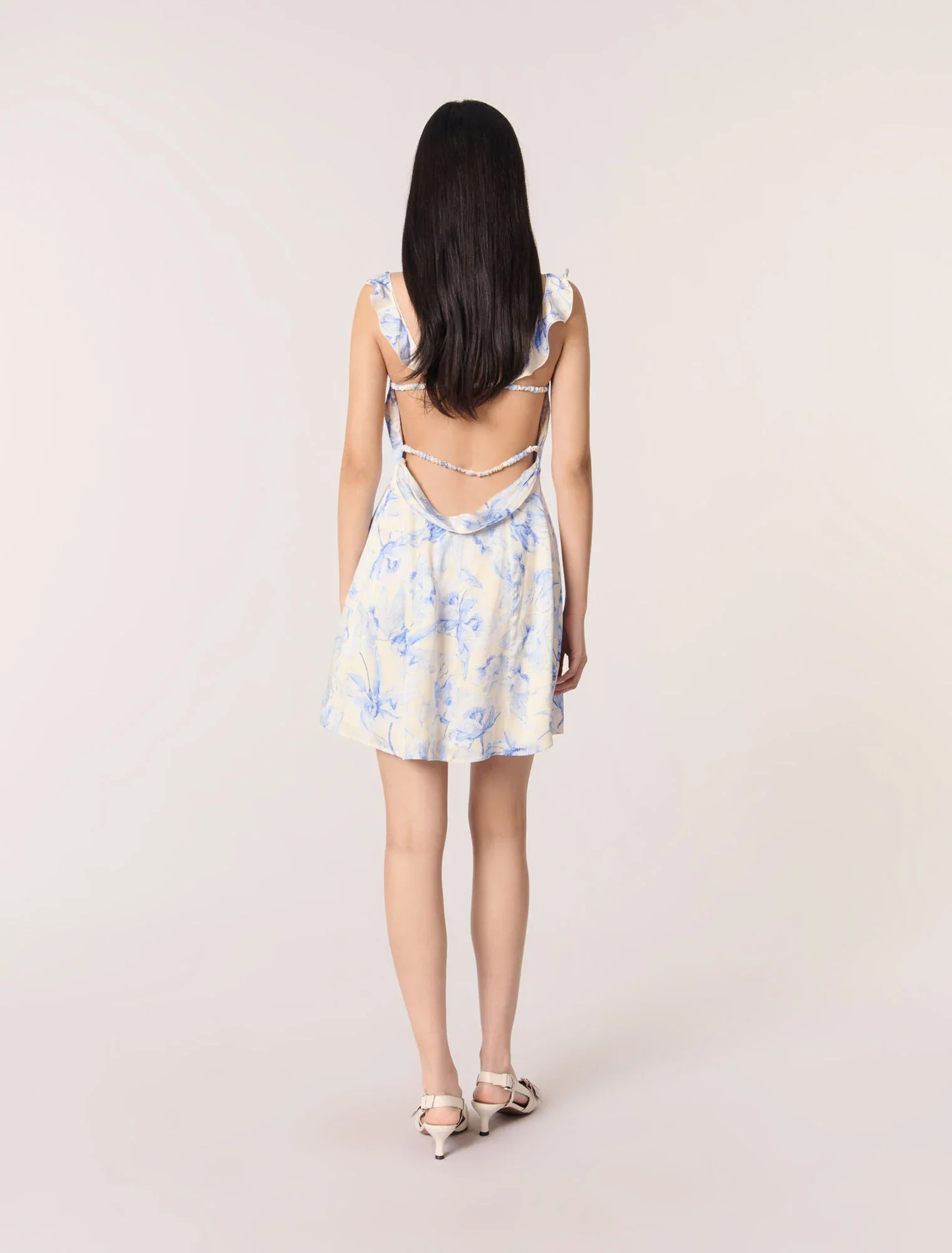 Short patterned dress Blue Flower Print Ecru Base - Image 3