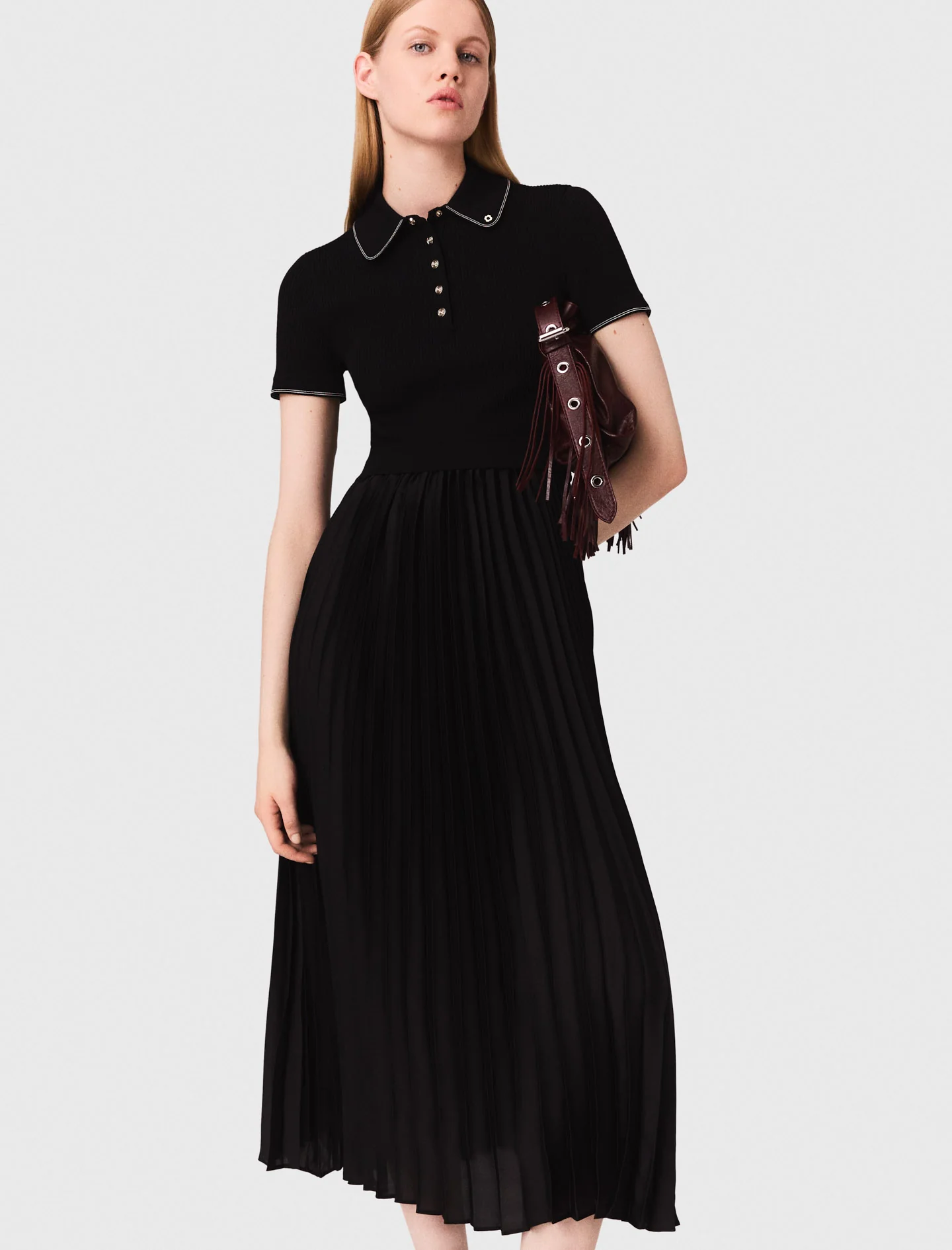 Pleated maxi dress with polo collar Black - Image 2