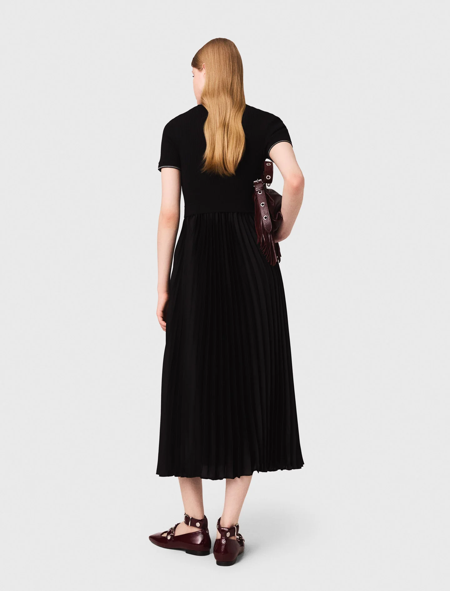 Pleated maxi dress with polo collar Black - Image 3