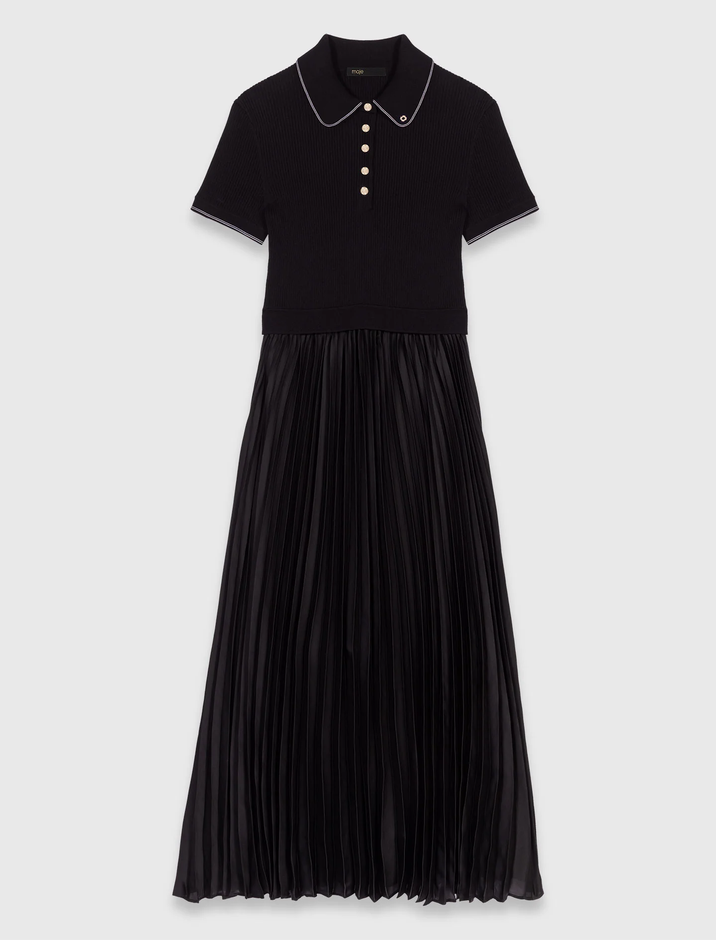 Pleated maxi dress with polo collar Black - Image 5