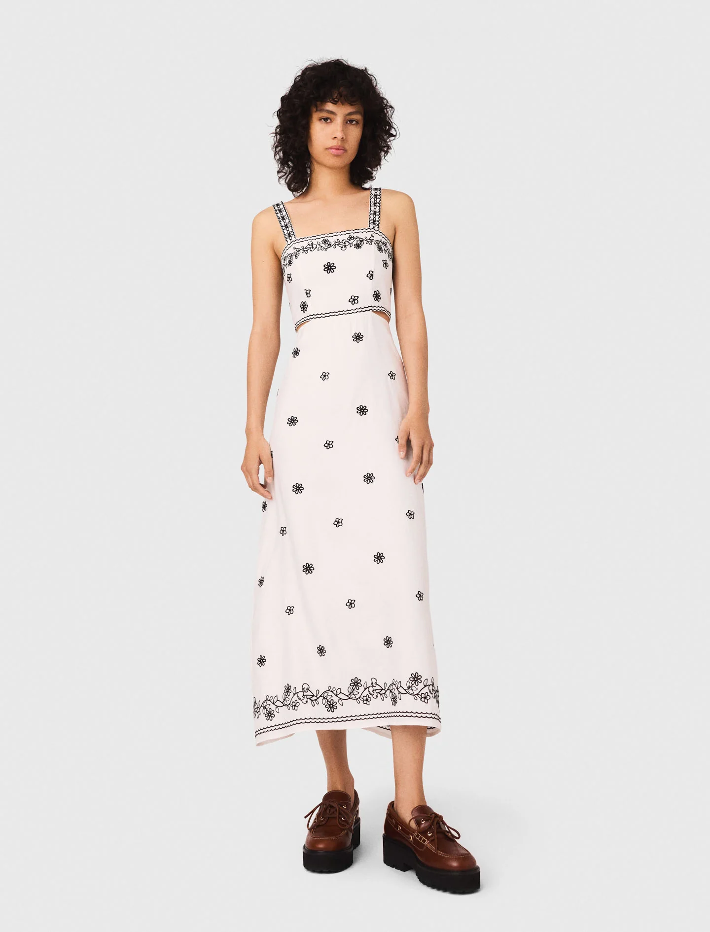 Long embroidered dress with cut-out Ecru / Black - Image 2