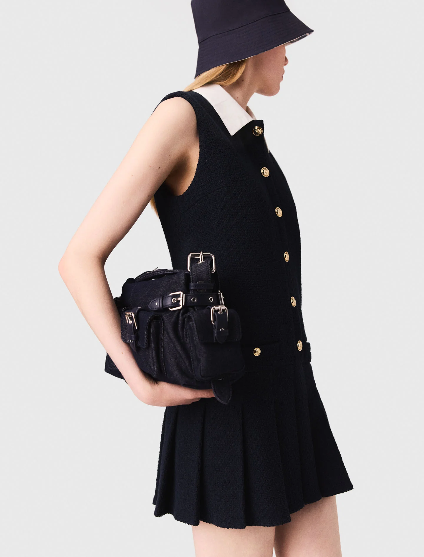 Short tweed dress, removable collar Navy - Image 2